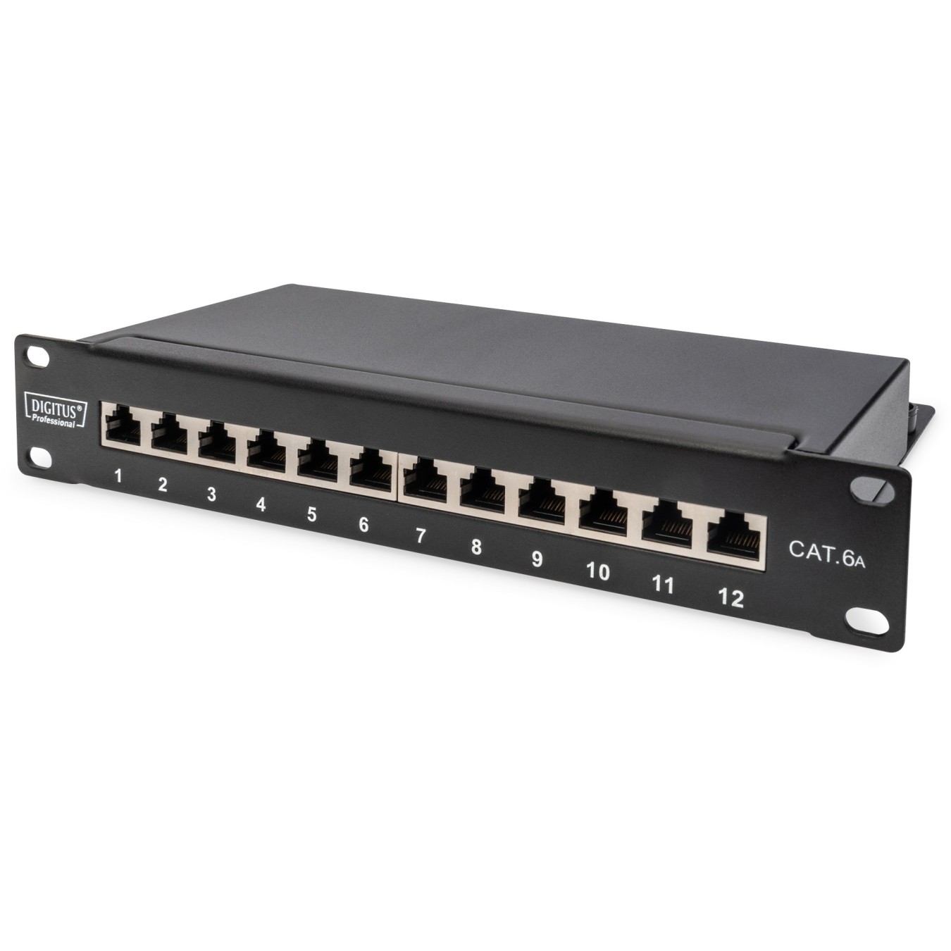 DIGITUS Cat.6A Patch Panel Shielded, 12-Port, Black - Characteristics (Color Black, Cat.6A, Shielded)