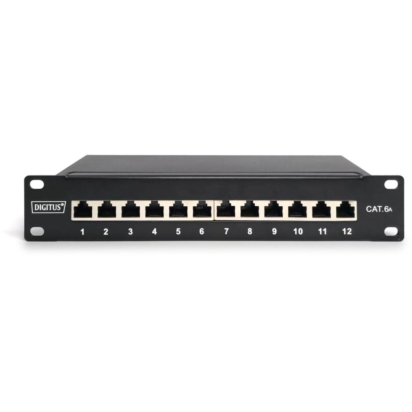 DIGITUS Cat.6A Patch Panel Shielded, 12-Port, Black - Characteristics (Color Black, Cat.6A, Shielded)