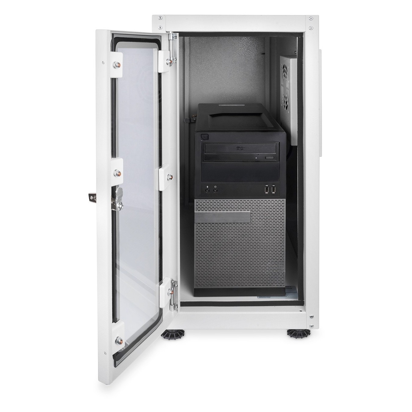 PC cabinet with glass door for computer chassis - (Gray, RAL 7035, includes fan and caster kit)