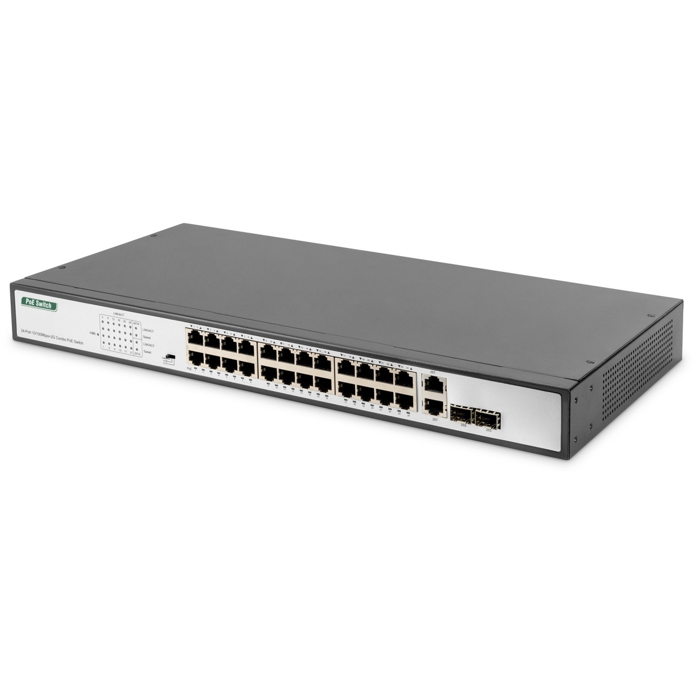DIGITUS Switch 24-Port 10/100 PoE Unmanaged - Black - 24x PoE ports, 370 W budget, 2x combo SFP uplinks