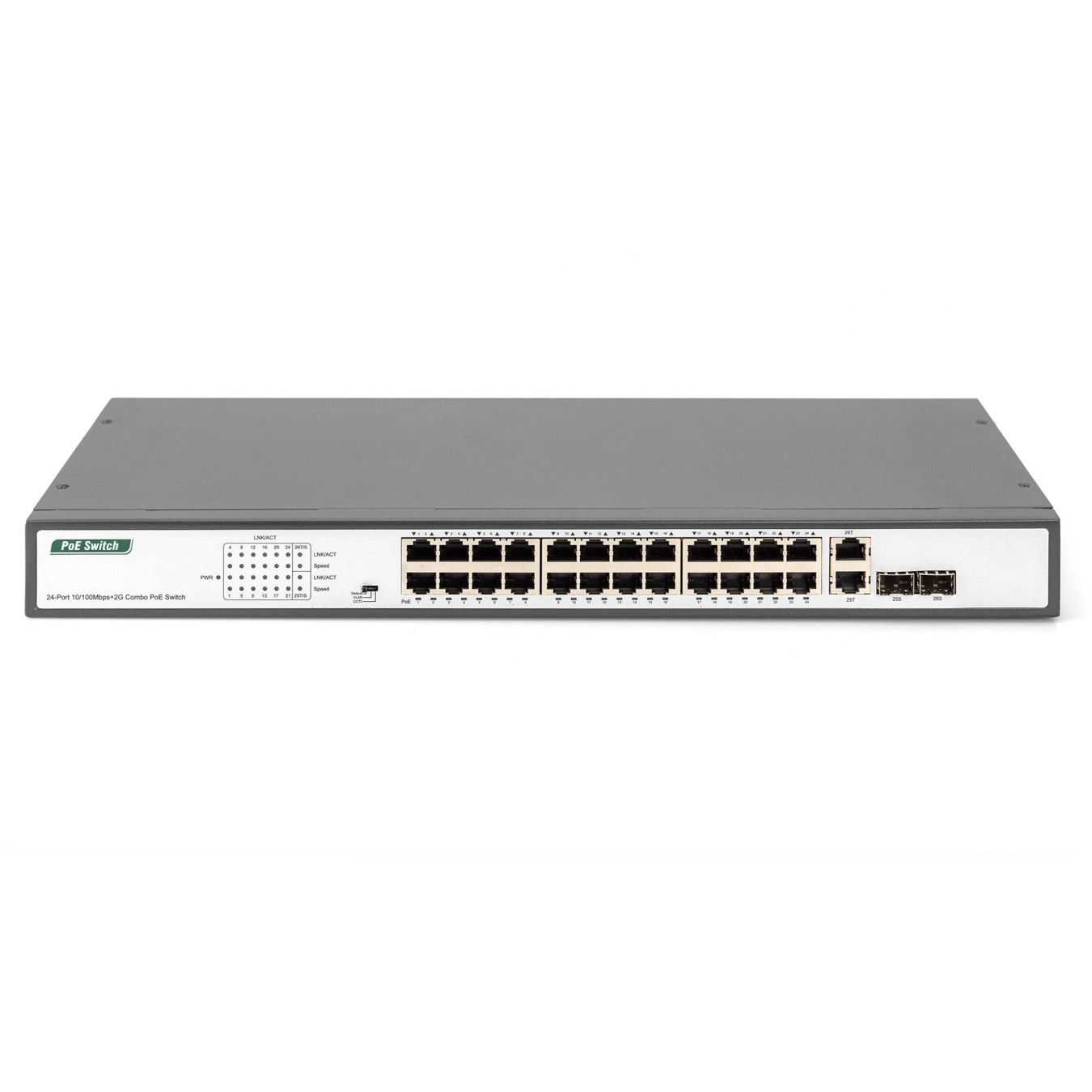 DIGITUS Switch 24-Port 10/100 PoE Unmanaged - Black - 24x PoE ports, 370 W budget, 2x combo SFP uplinks