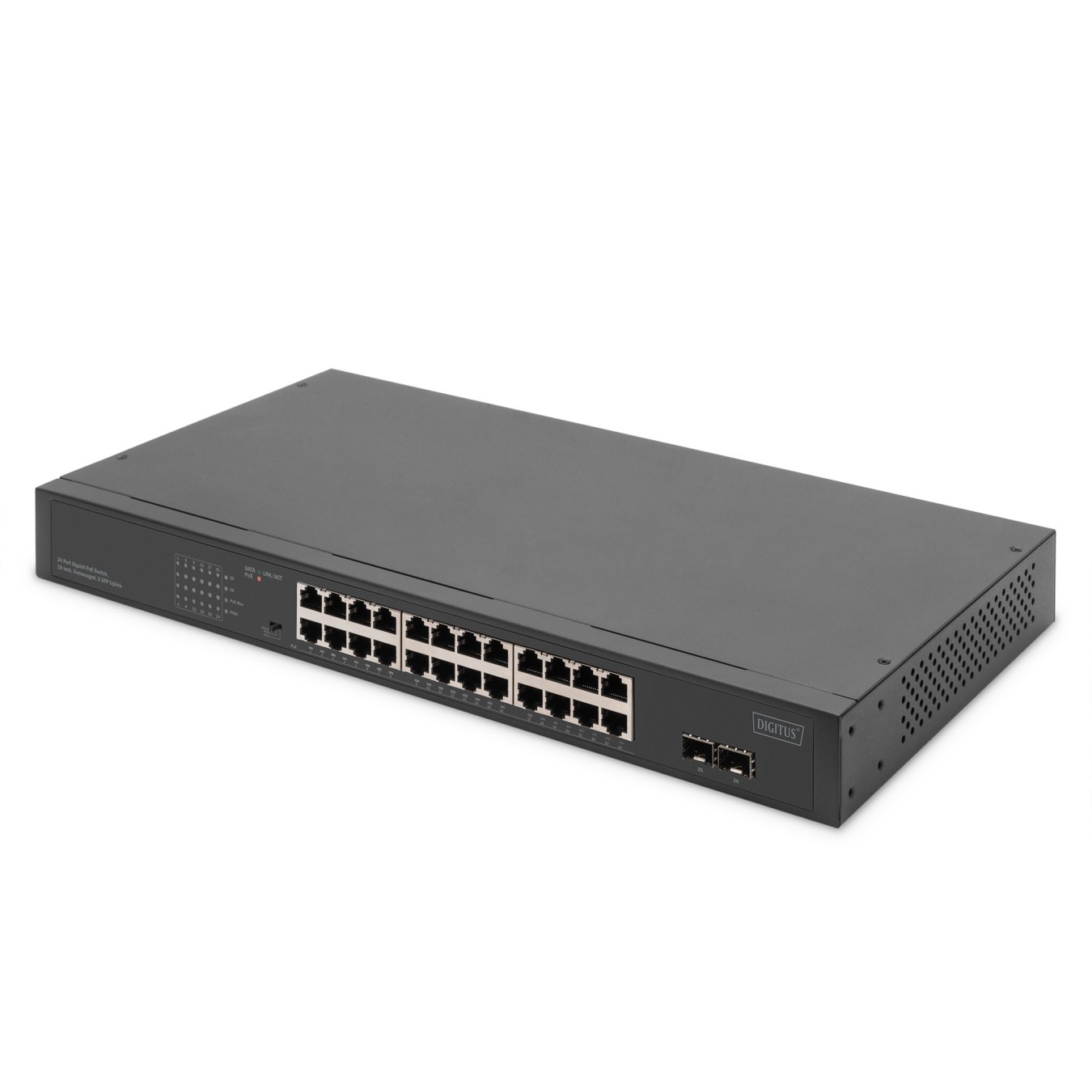 DIGITUS 24-Port Gigabit Unmanaged Switch - Grey - 2x SFP Uplinks, 370 W PoE Budget, 1U Rackmount