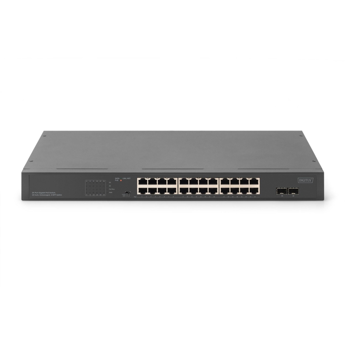 DIGITUS 24-Port Gigabit Unmanaged Switch - Grey - 2x SFP Uplinks, 370 W PoE Budget, 1U Rackmount