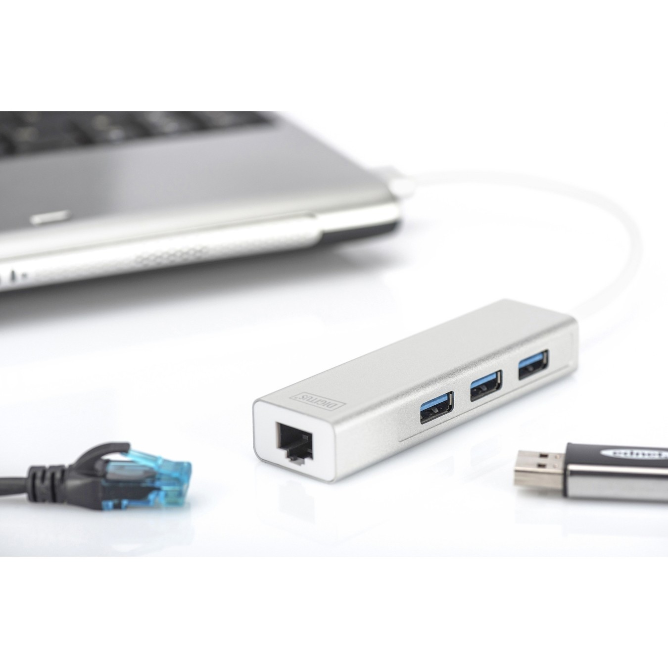 Digitus USB-Hub 3-Port USB 3.0 + 1x Gigabit LAN - Aluminium Silver/White — Buy in Cyprus with Fast Delivery