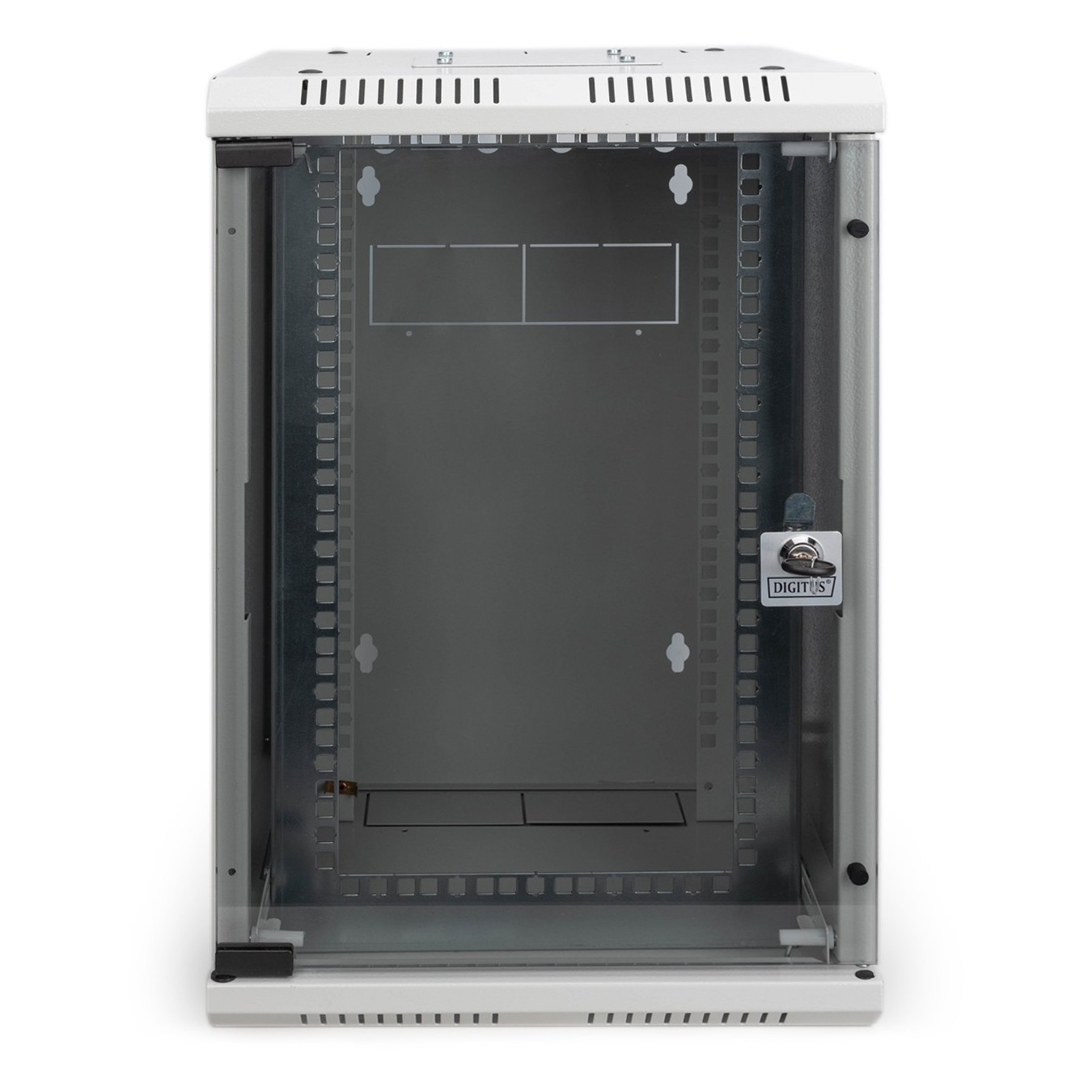 DIGITUS 254 mm (10\") and 482.6 mm (19\") Kombi Wall-Mount Cabinet - 10U, Grey Steel, Glass Front