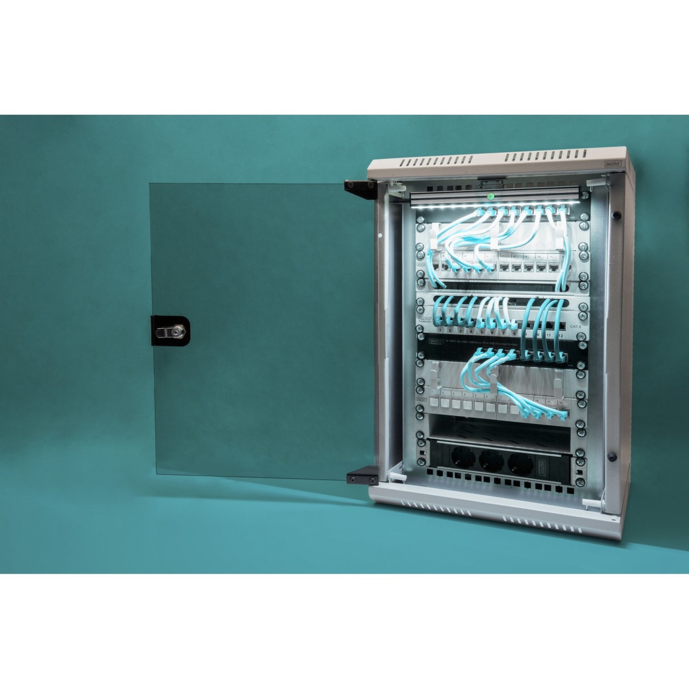 DIGITUS 254 mm (10\") and 482.6 mm (19\") Kombi Wall-Mount Cabinet - 10U, Grey Steel, Glass Front