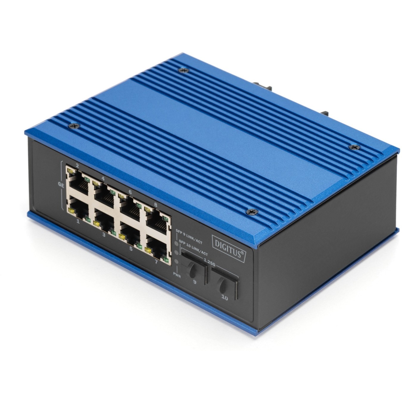 Digitus 8+2P Industrial Gigabit PoE Switch - Black/Blue - Unmanaged, 8x RJ45 + 2x SFP, 802.3af