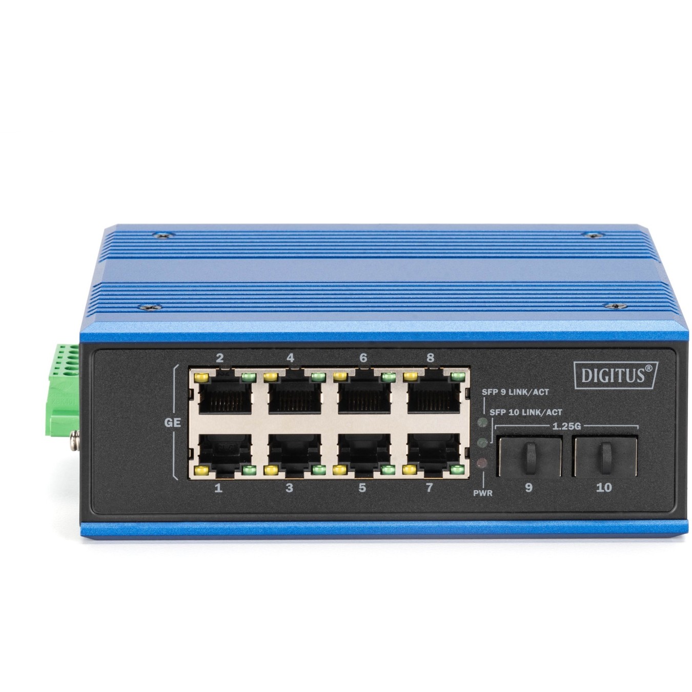 Digitus 8+2P Industrial Gigabit PoE Switch - Black/Blue - Unmanaged, 8x RJ45 + 2x SFP, 802.3af