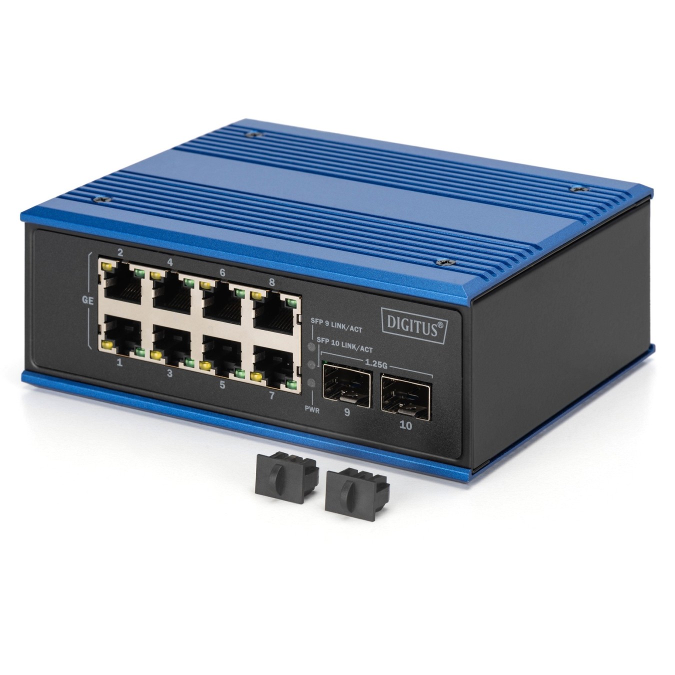 Digitus 8+2P Industrial Gigabit PoE Switch - Black/Blue - Unmanaged, 8x RJ45 + 2x SFP, 802.3af