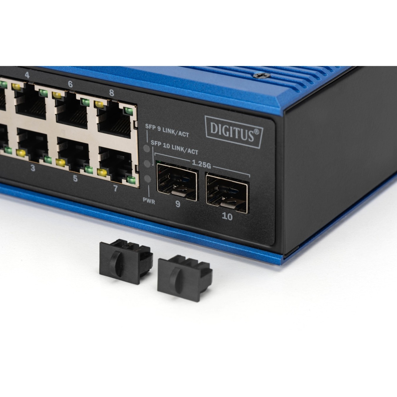 Digitus 8+2P Industrial Gigabit PoE Switch - Black/Blue - Unmanaged, 8x RJ45 + 2x SFP, 802.3af