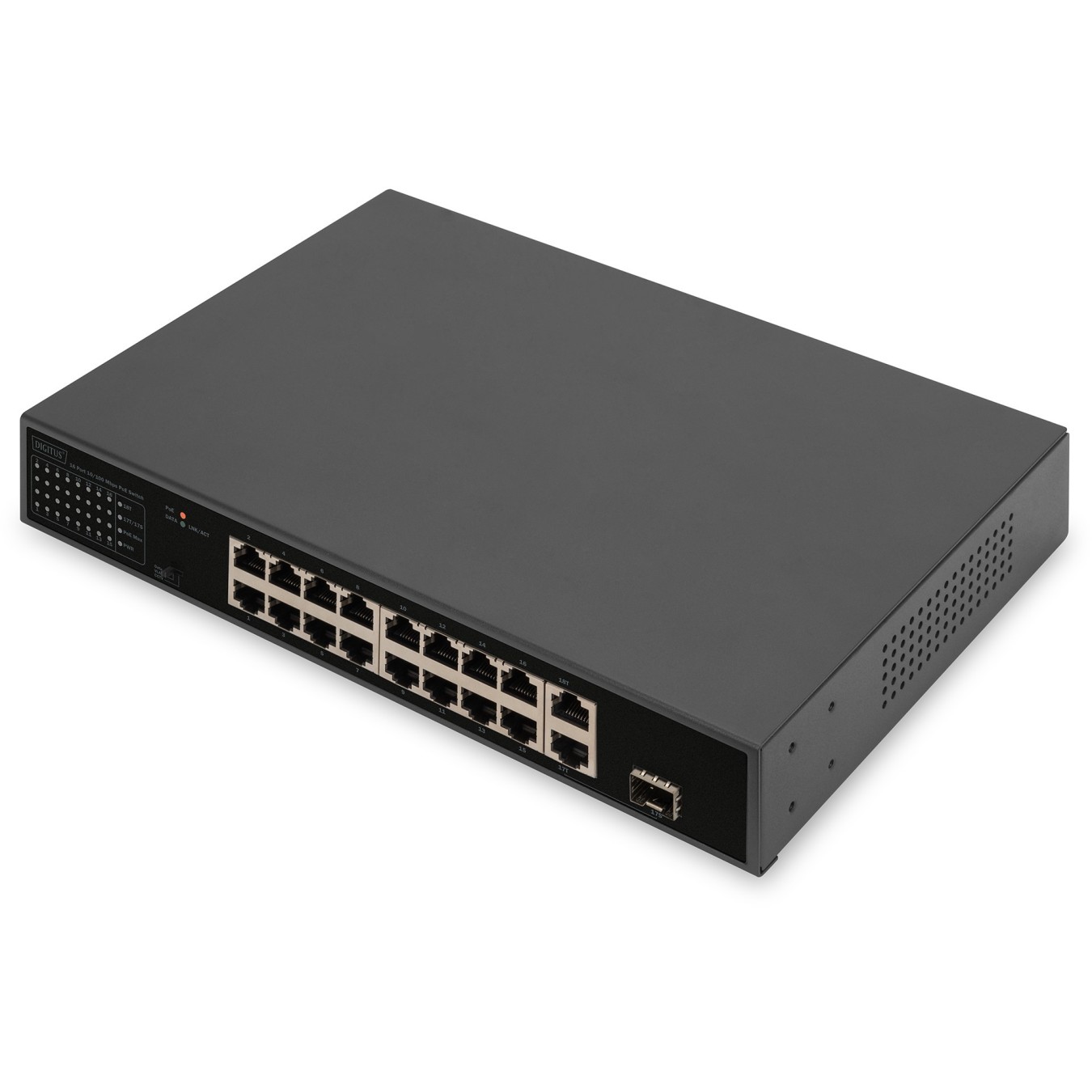 DIGITUS Switch 16-Port 10/100/1000 PoE - Black - Unmanaged, 1 SFP/Combo uplink, 32 W PoE per port, 1U rack-mount