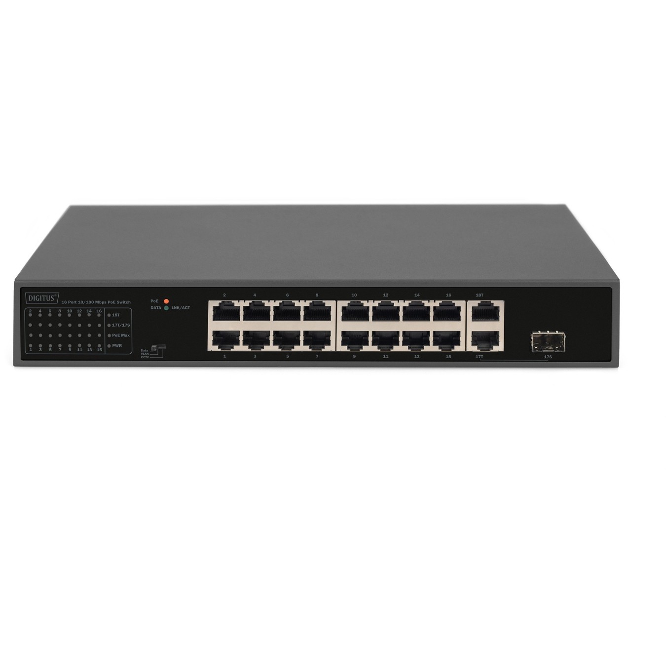 DIGITUS Switch 16-Port 10/100/1000 PoE - Black - Unmanaged, 1 SFP/Combo uplink, 32 W PoE per port, 1U rack-mount
