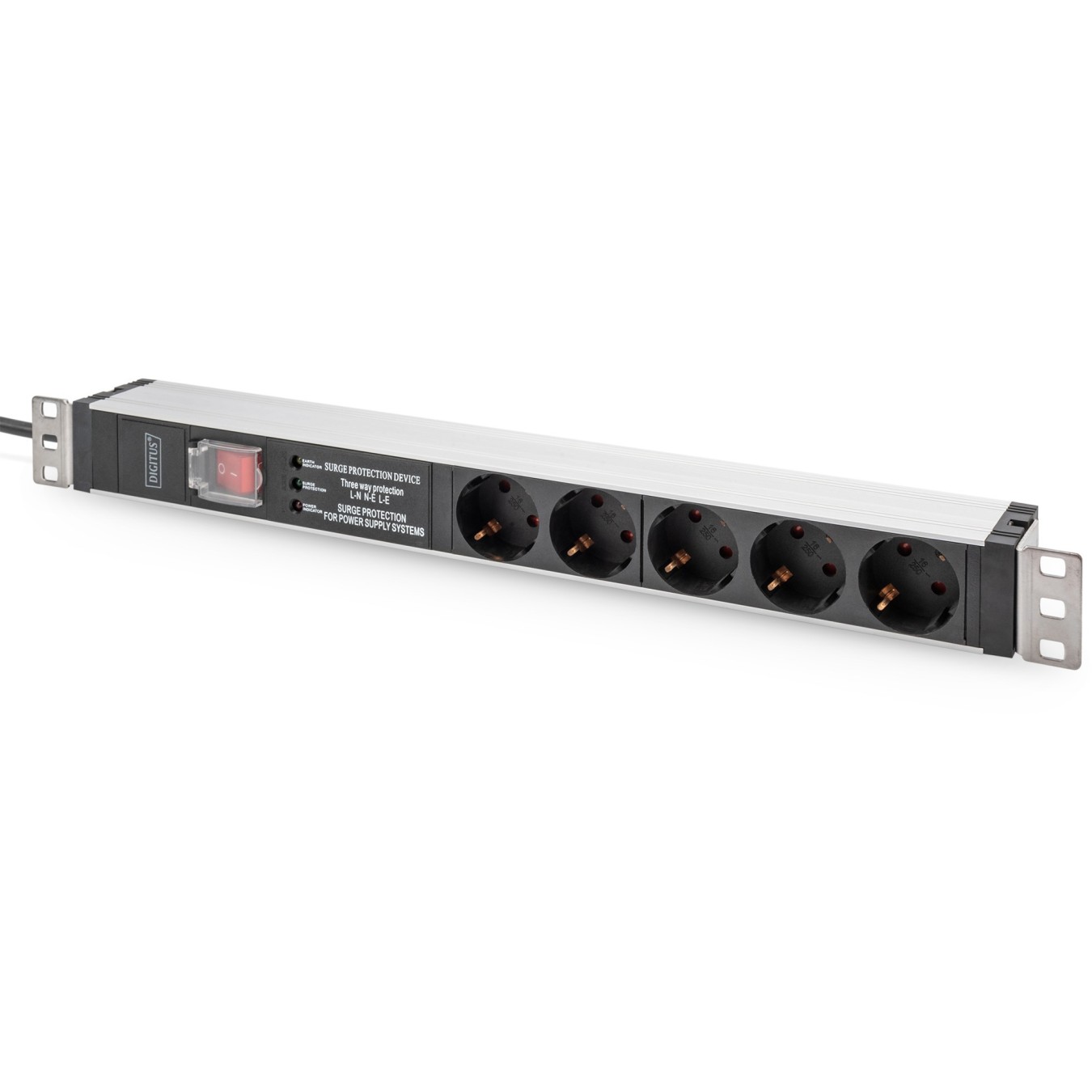 DIGITUS Aluminium 1U PDU Power Strip - 16A, 230V, 5x Type F, Switched, Surge Protection, 2 m Cable