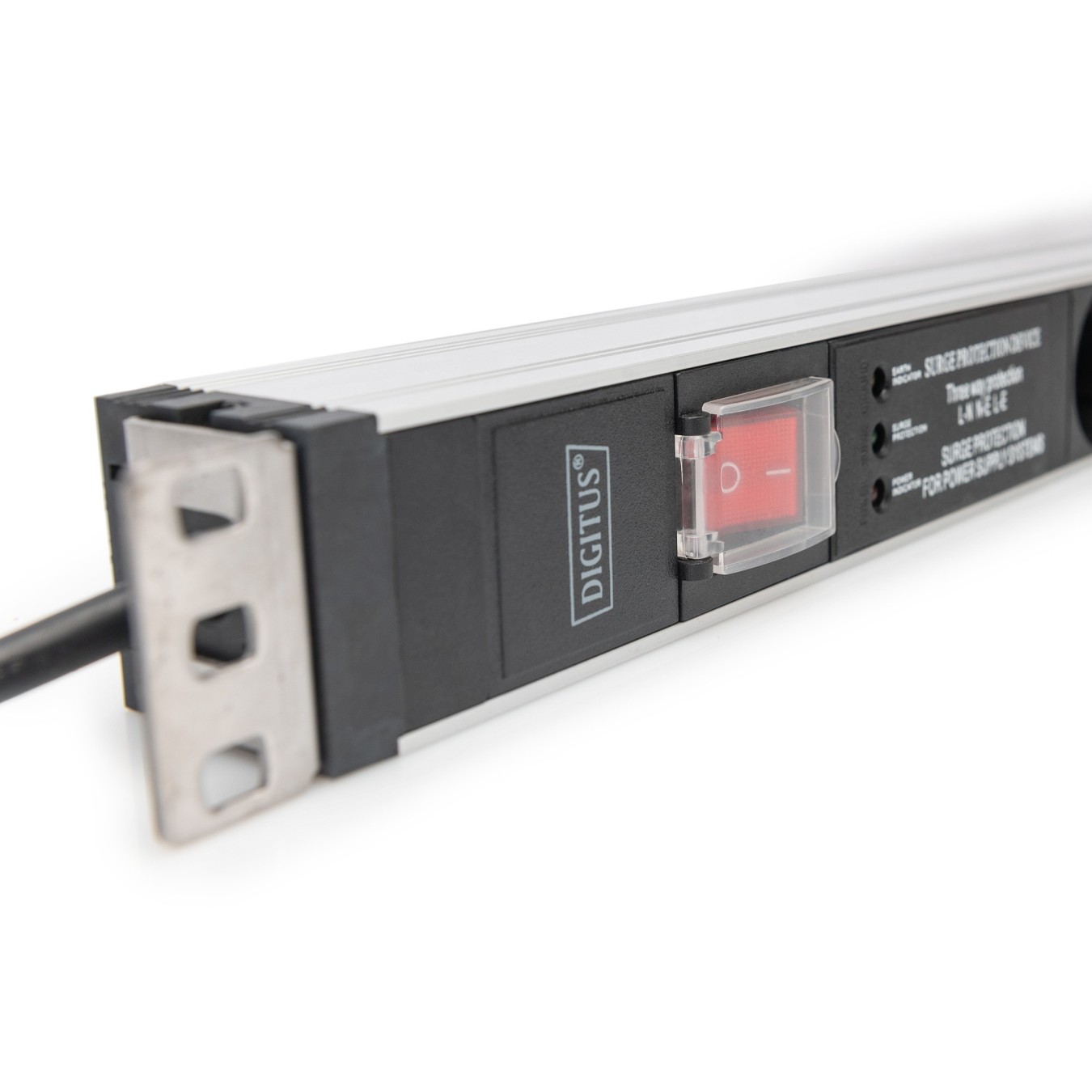 DIGITUS Aluminium 1U PDU Power Strip - 16A, 230V, 5x Type F, Switched, Surge Protection, 2 m Cable