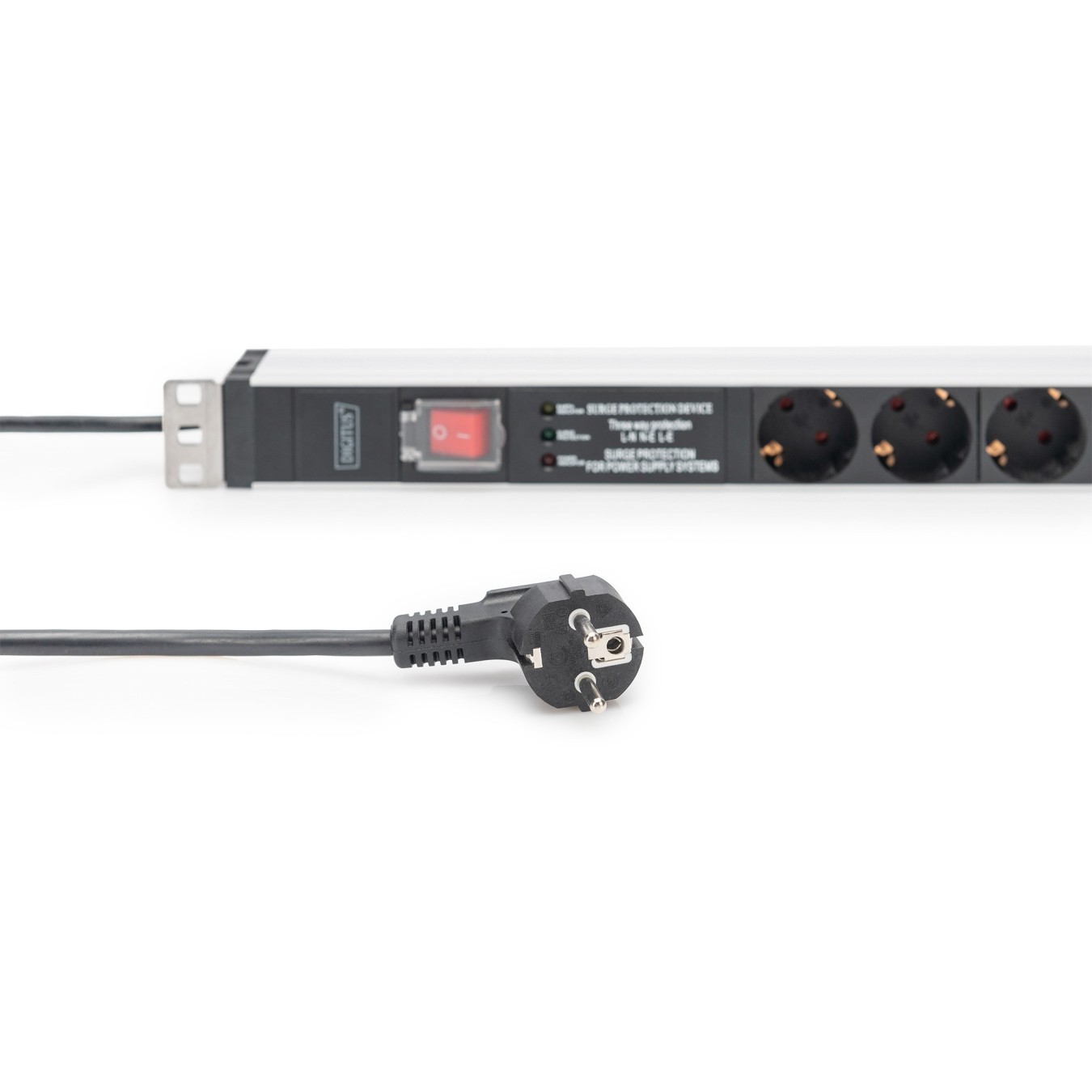 DIGITUS Aluminium 1U PDU Power Strip - 16A, 230V, 5x Type F, Switched, Surge Protection, 2 m Cable