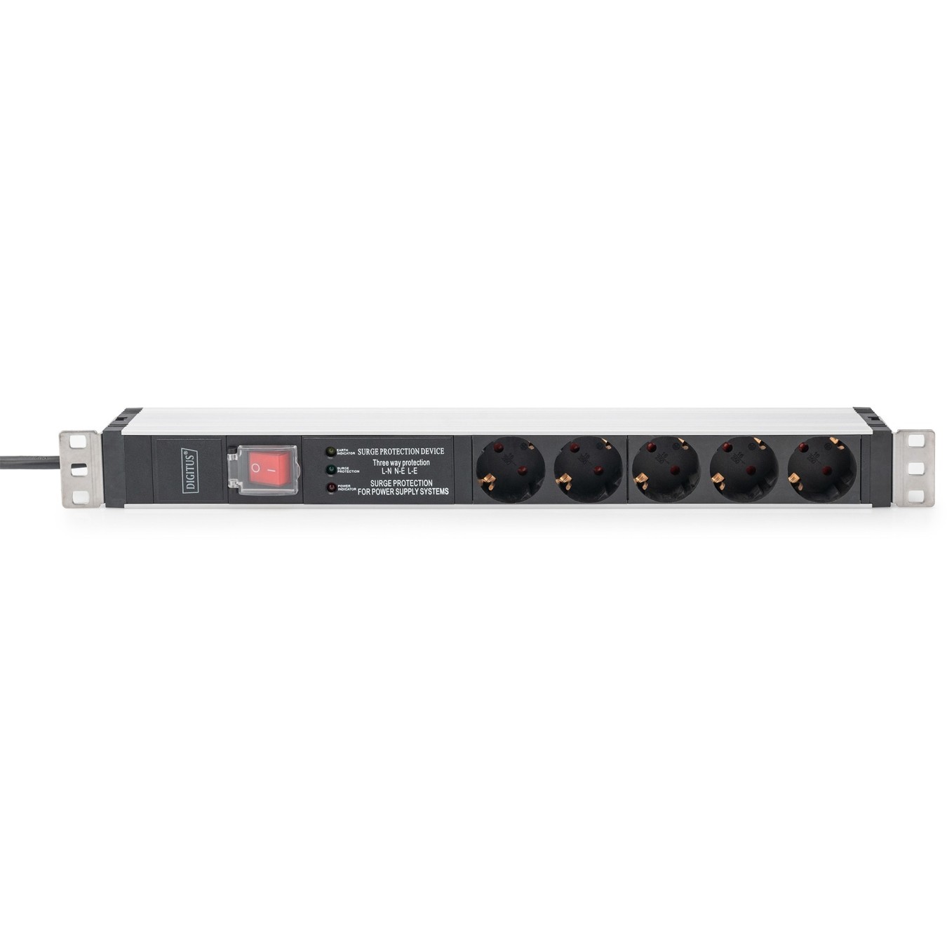 DIGITUS Aluminium 1U PDU Power Strip - 16A, 230V, 5x Type F, Switched, Surge Protection, 2 m Cable