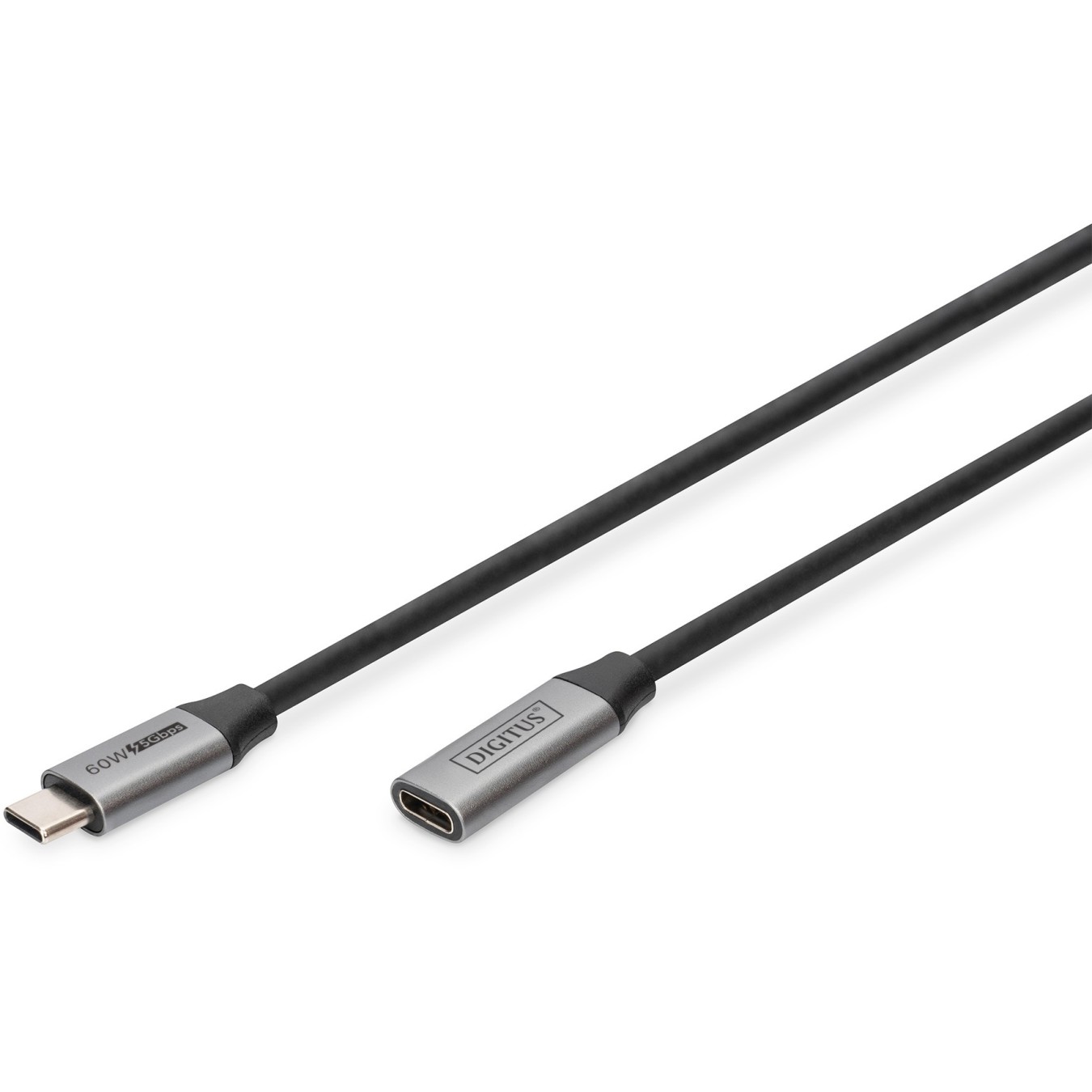DIGITUS USB-C to USB-C Extension Cable 1 m - Black - USB 3.2 Gen 1 (5 Gbit/s), PD up to 60 W