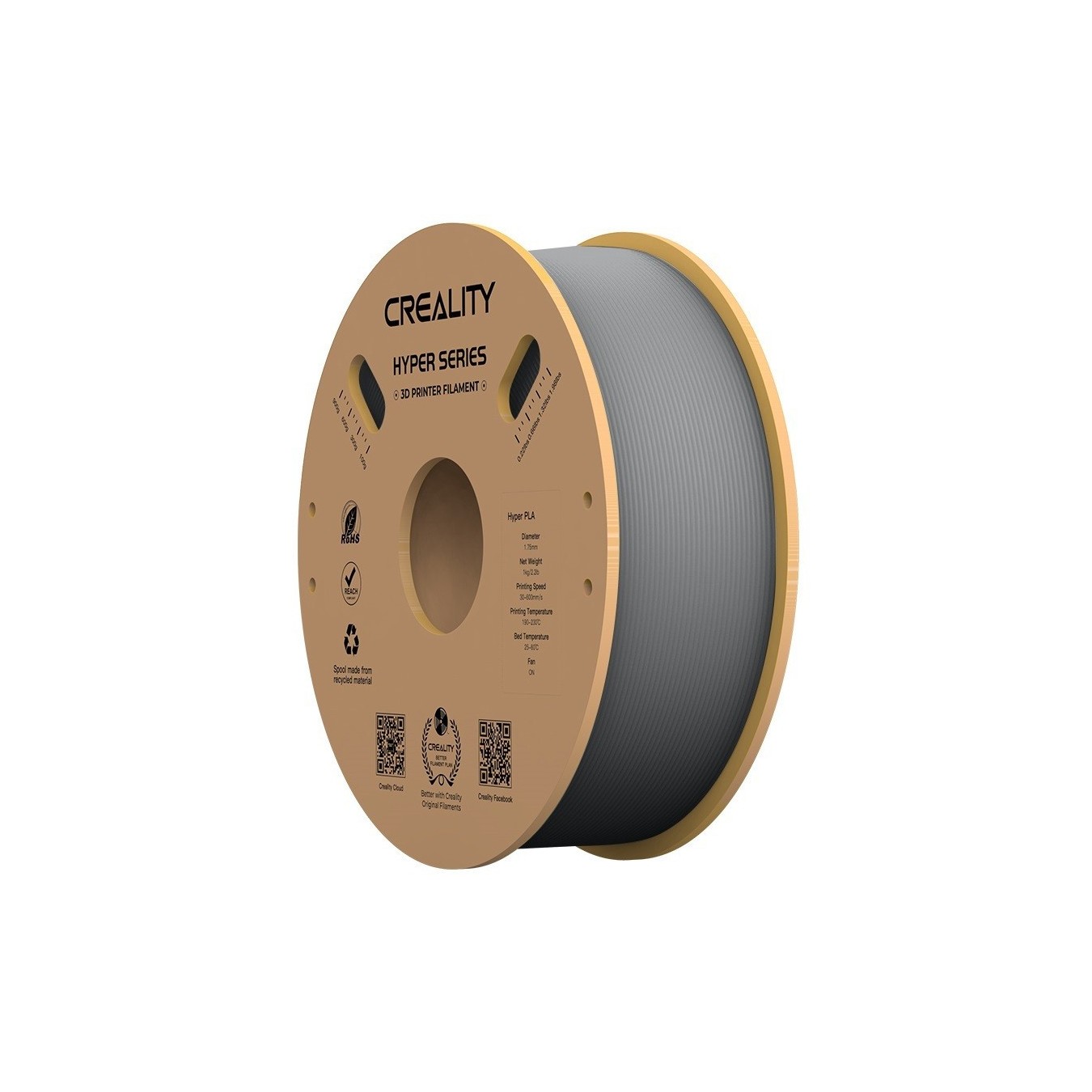 Creality Hyper PLA Grey 3D Printer Filament - 3301010340 - Grey, 1.75mm, 1 kg Spool, High Speed