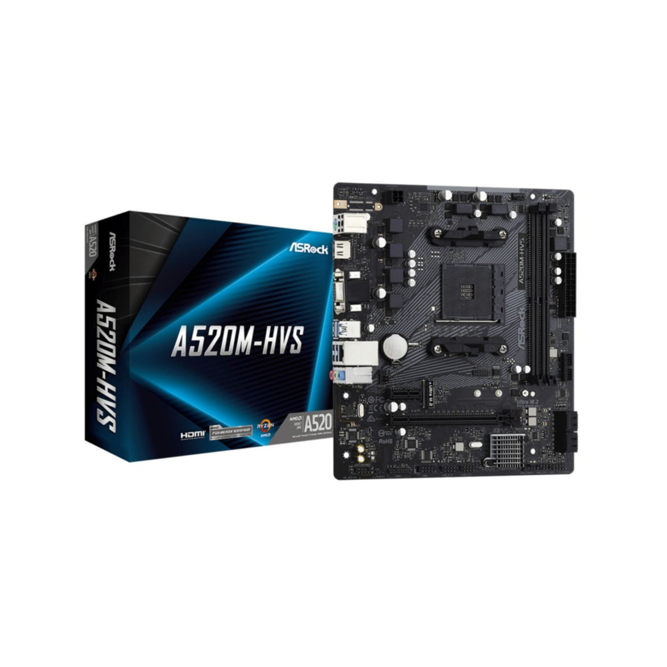 ASRock A520M-HVS - AM4 Micro-ATX Motherboard - AMD A520, DDR4, 64GB Max, M.2 & SATA, HDMI/VGA