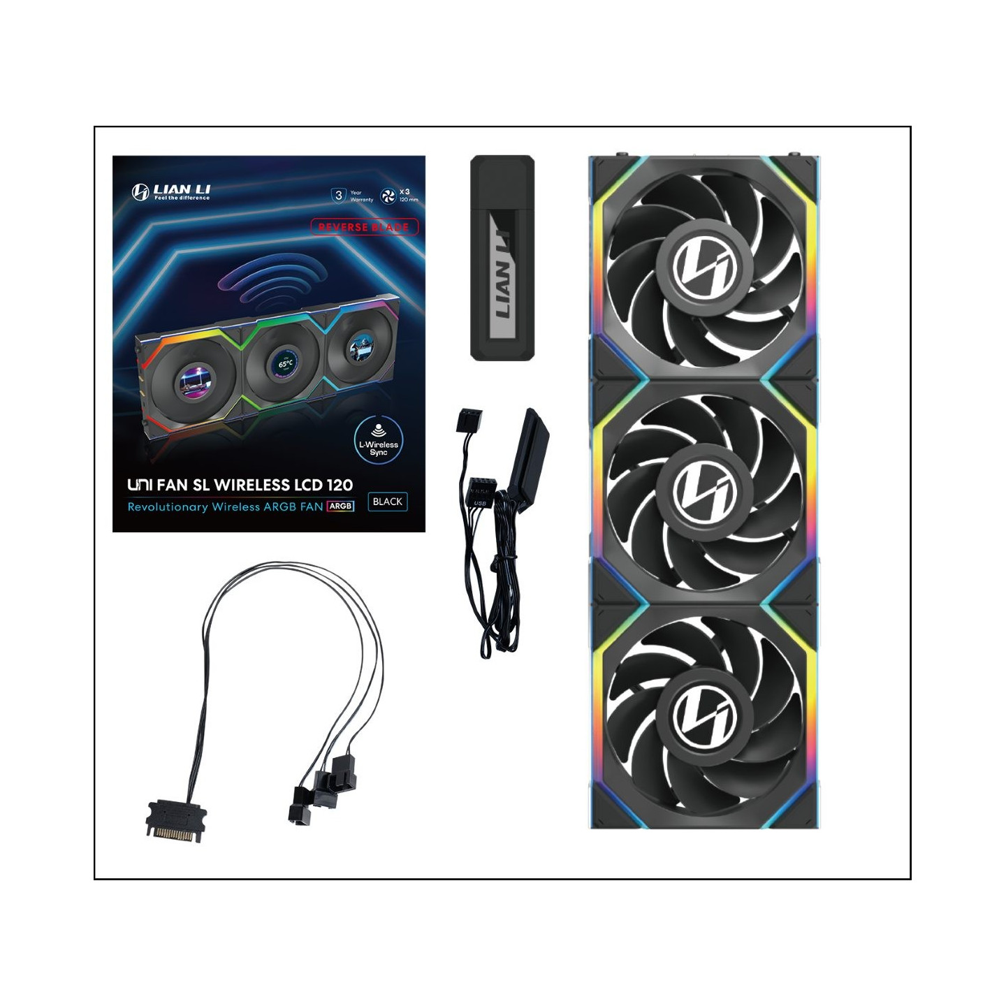 Lian Li UNIFAN SL Wireless LCD 120 - 3x120mm Case Fans with Wireless Controller - Black (Boxed)