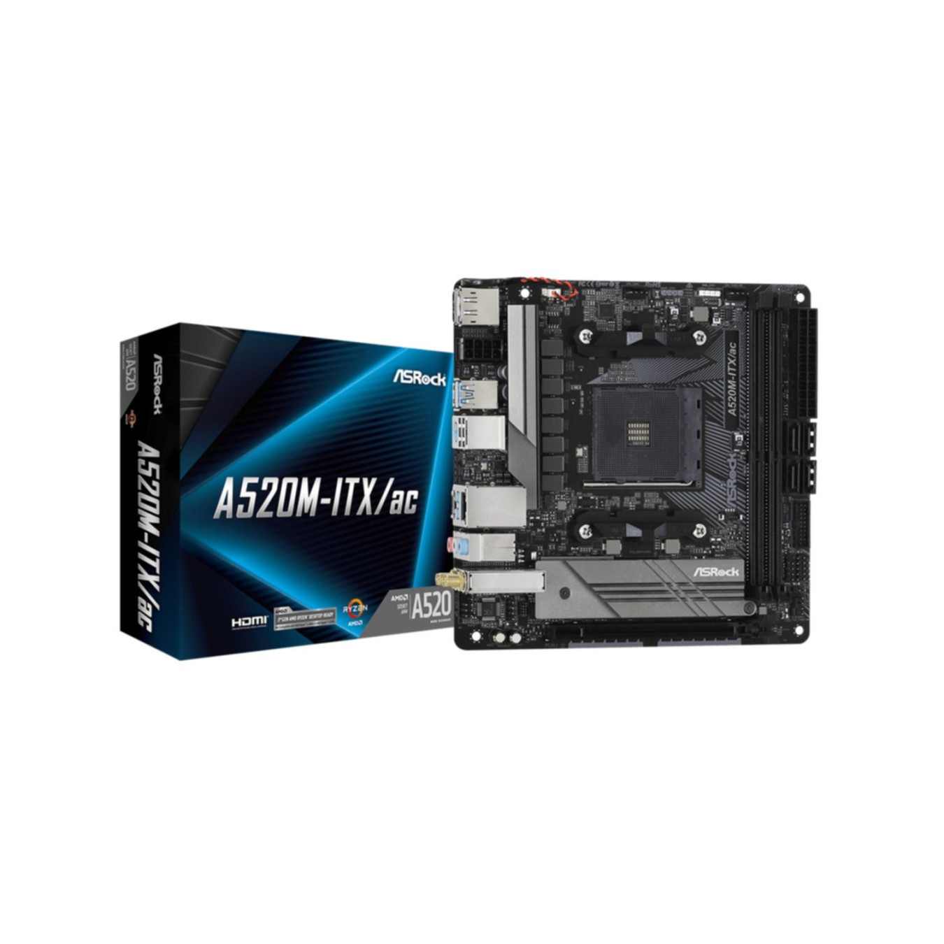 ASRock A520M-ITX AC (AM4) - AMD A520 Micro-ATX Motherboard, DDR4 2x DIMM (Up to 64GB), M.2, Wi-Fi 5 & Bluetooth 4.2
