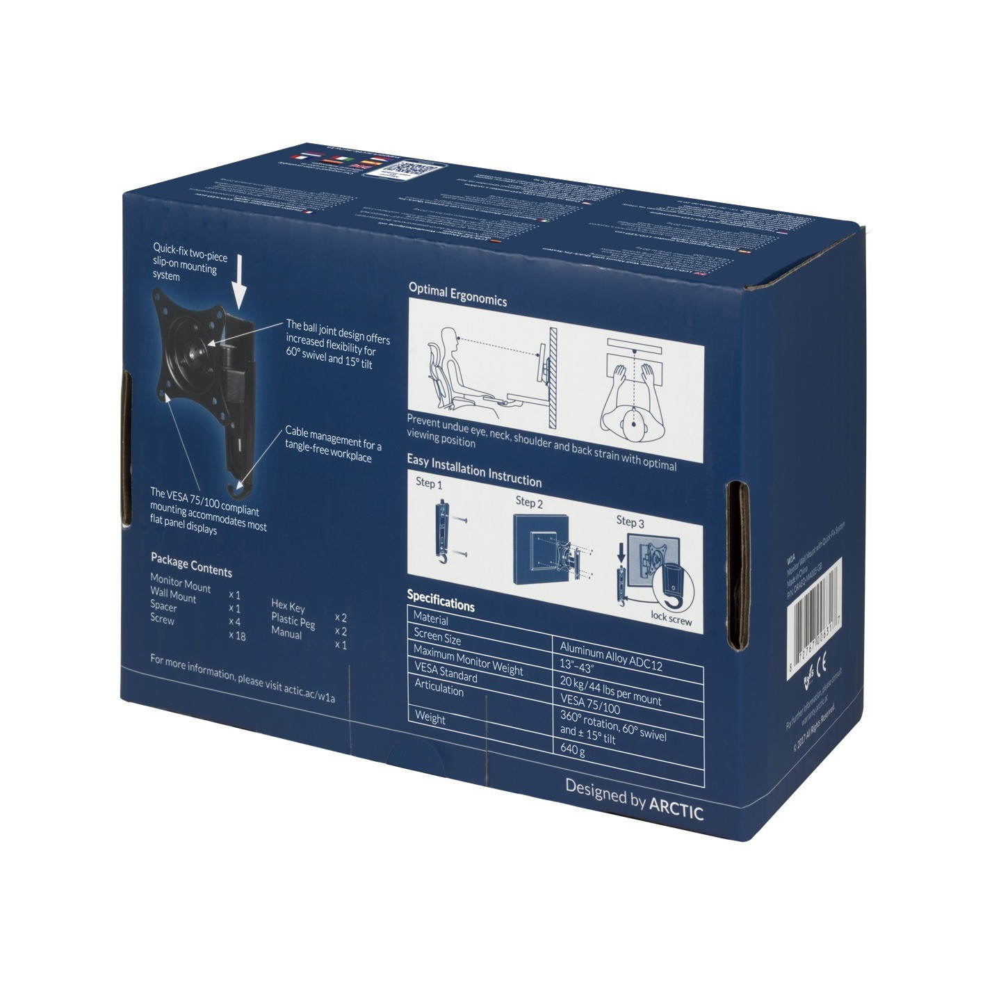 Arctic W1A Monitor Wall Mount - VESA 75/100, Single Arm, 20kg (Boxed) — Buy in Cyprus with Fast Delivery