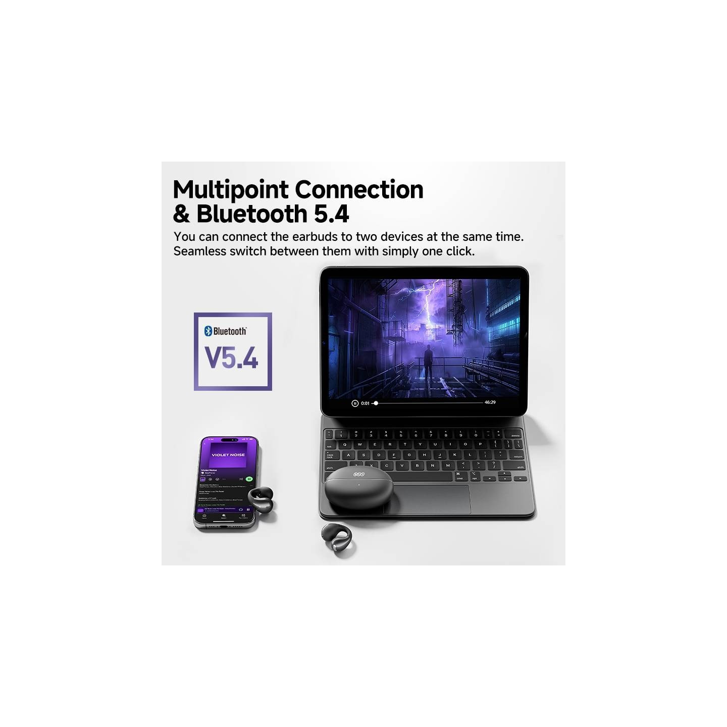 QCY Crossky C30 White Open-Ear TPU Earclip, Bass Enhance Algo. BT 5.4 Dual Connection Earbuds 25h - C30 - White, Open-Ear