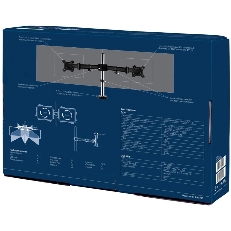 Buy Arctic Z2 (Gen 3) - Z2 (Gen 3) - Dual Monitor Arm with 4-Port USB Hub in bla... in Cyprus, Nicosia, Limassol, Larnaka, Pafos