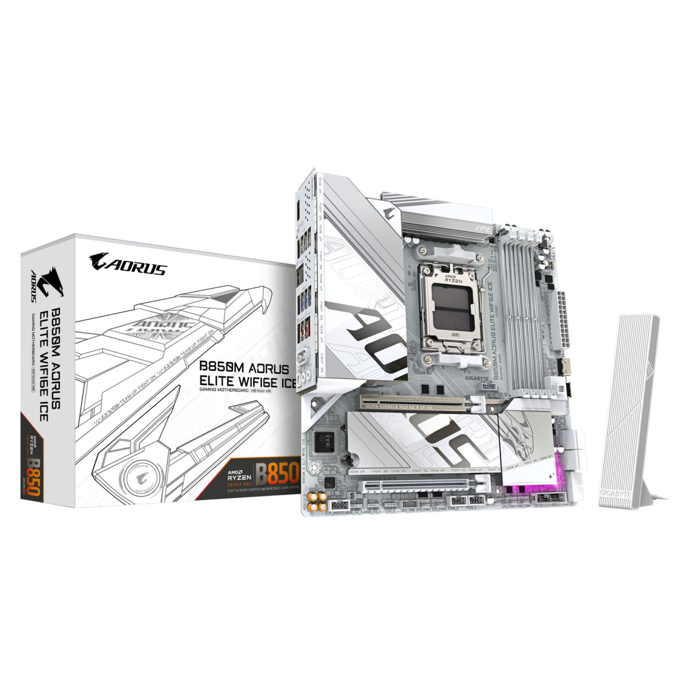 GIGABYTE GA-B850M A ELT WF6E ICE (AM5) - microATX AM5 DDR5 Motherboard, 4x DIMM, Up to 256GB