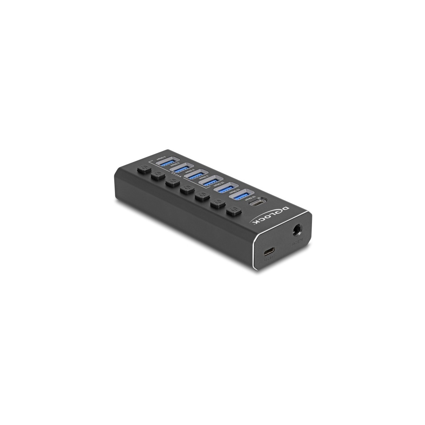 DELOCK 7-Port USB Hub with 4 Ports 10 Gbps and 4 Quick-Charge Ports 5 Gbps, Switch and Illumination - 64326 - Black, Metal
