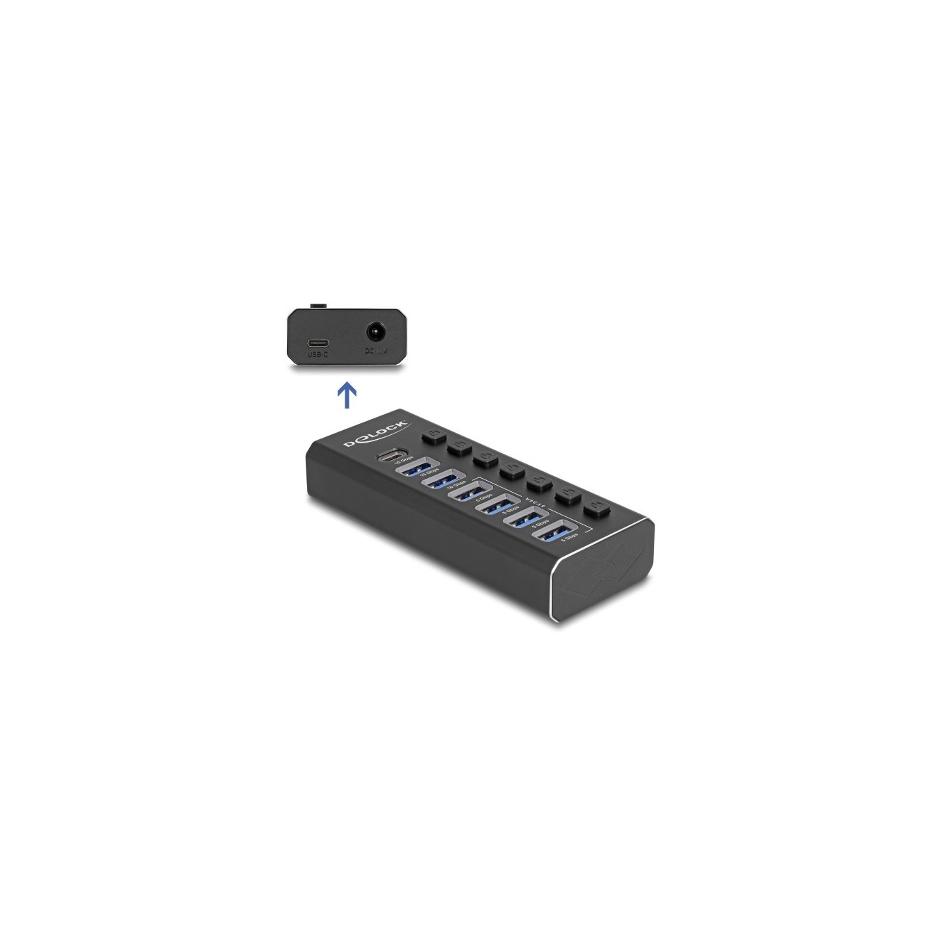 DELOCK 7-Port USB Hub with 4 Ports 10 Gbps and 4 Quick-Charge Ports 5 Gbps, Switch and Illumination - 64326 - Black, Metal