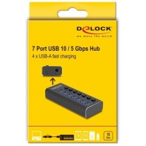 DELOCK 7-Port USB Hub with 4 Ports 10 Gbps and 4 Quick-Charge Ports 5 Gbps, Switch and Illumination - 64326 - Black, Metal