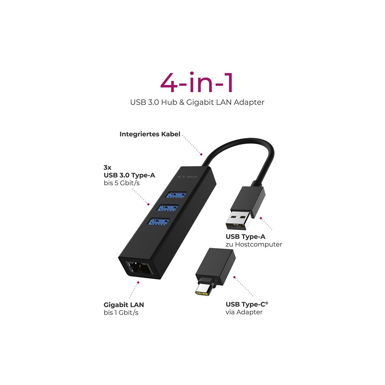 ICY BOX IB-HUB1419-LAN USB 3.0 USB-C HUB 3xUSB 3.0 1xGigabit LAN - IB-HUB1419-LAN - Black Aluminium
