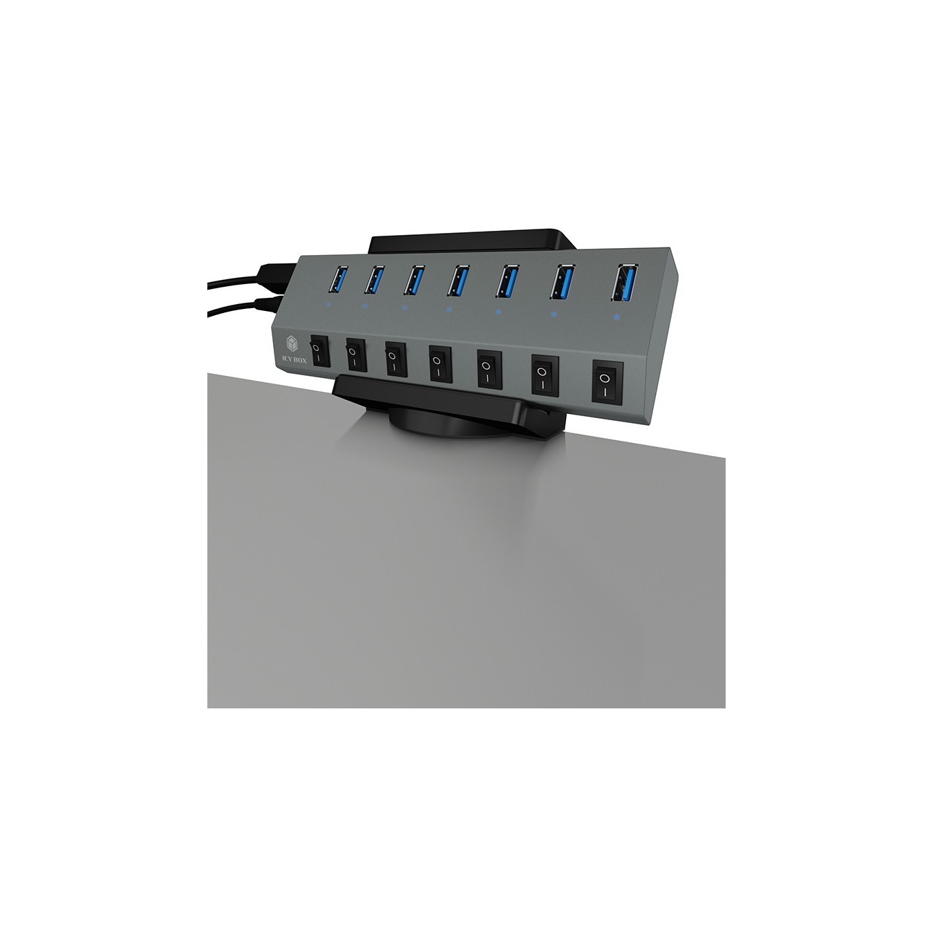 ICY BOX HUB & Power Strip Desk Mount - Black - Desk-mount hub and power strip for tidy workstation