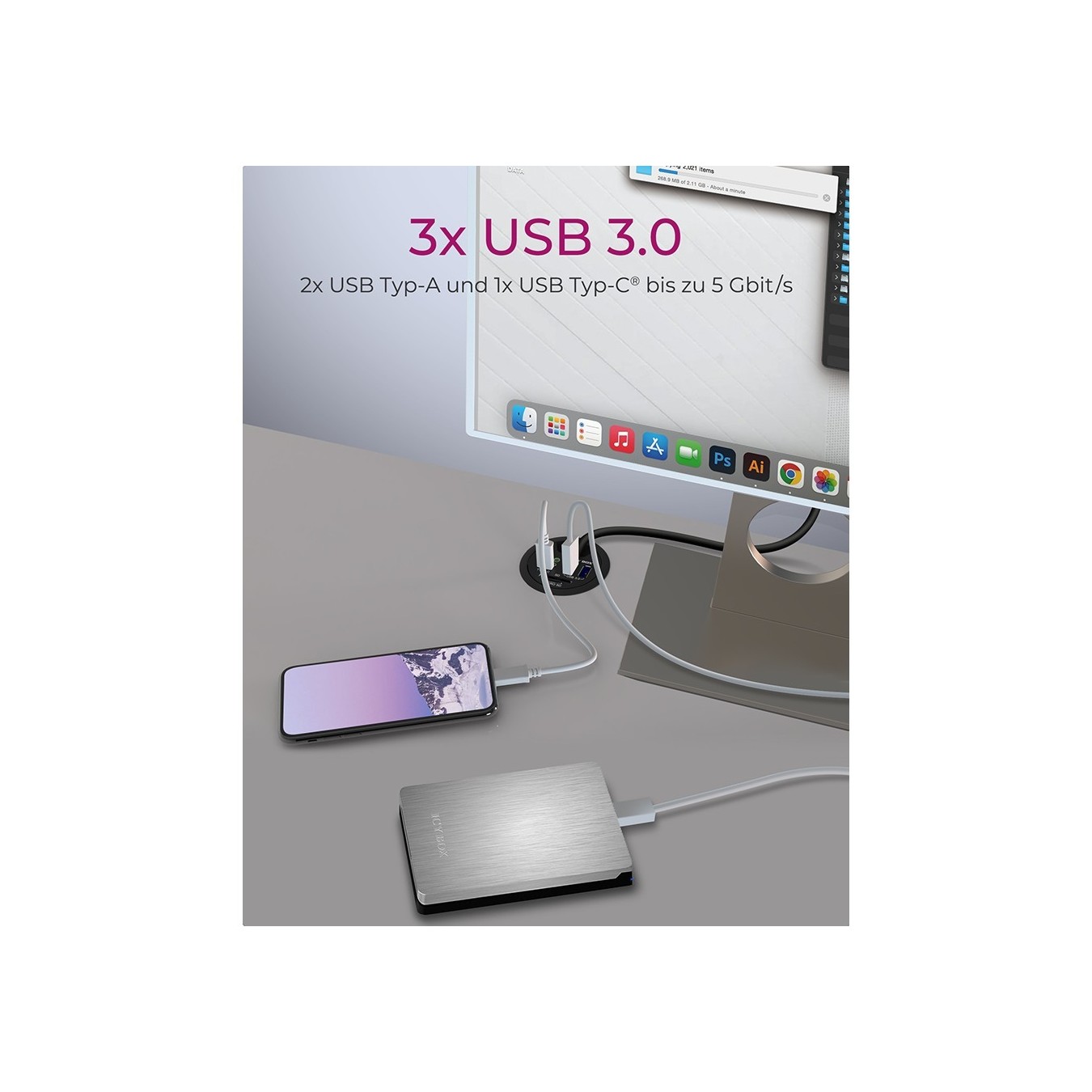 Desk Hub with 2 Card Readers, Audio In/Out, Charging Function and LED ICY BOX — Buy in Cyprus with Fast Delivery