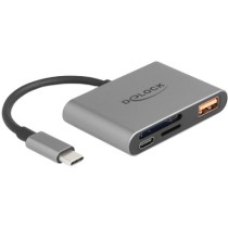 DELOCK USB-C Card Reader for SD and microSD Cards + USB 10 Gbps Type-A Port and USB Type-C PD 2.0 85 W