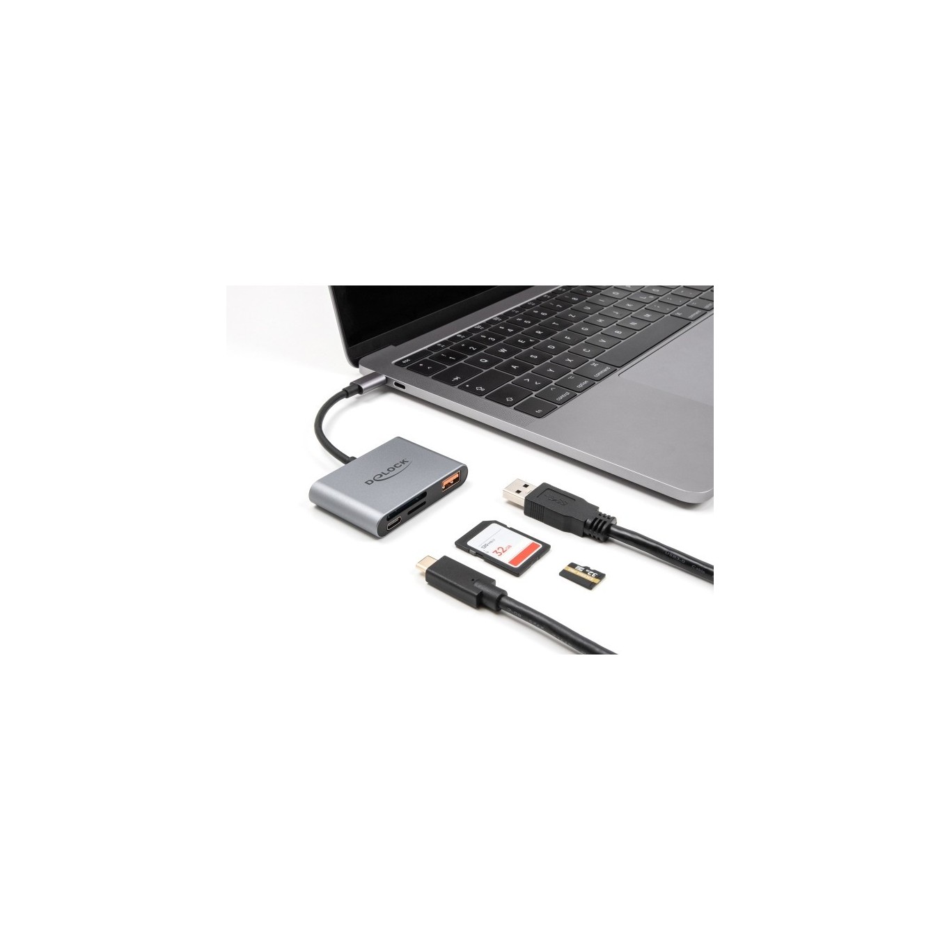DELOCK USB-C Card Reader for SD and microSD Cards + USB 10 Gbps Type-A Port and USB Type-C PD 2.0 85 W