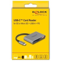 DELOCK USB-C Card Reader for SD and microSD Cards + USB 10 Gbps Type-A Port and USB Type-C PD 2.0 85 W