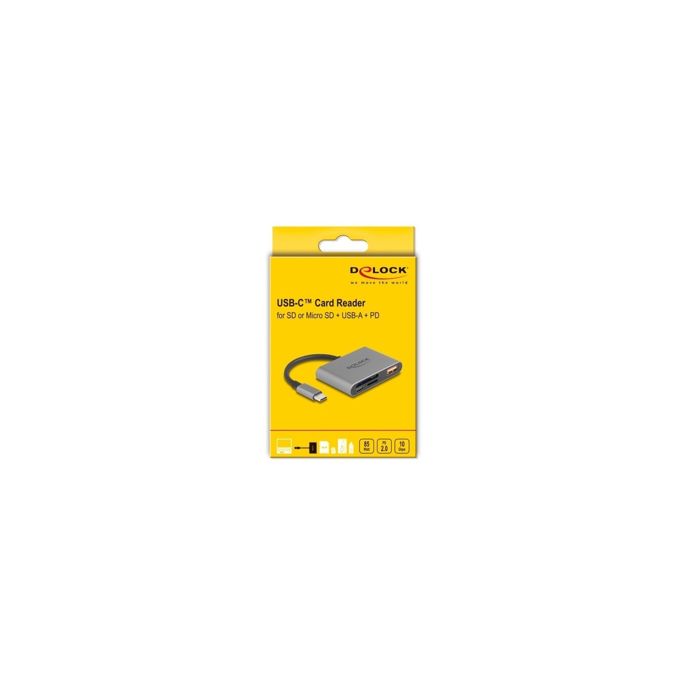 DELOCK USB-C Card Reader for SD and microSD Cards + USB 10 Gbps Type-A Port and USB Type-C PD 2.0 85 W