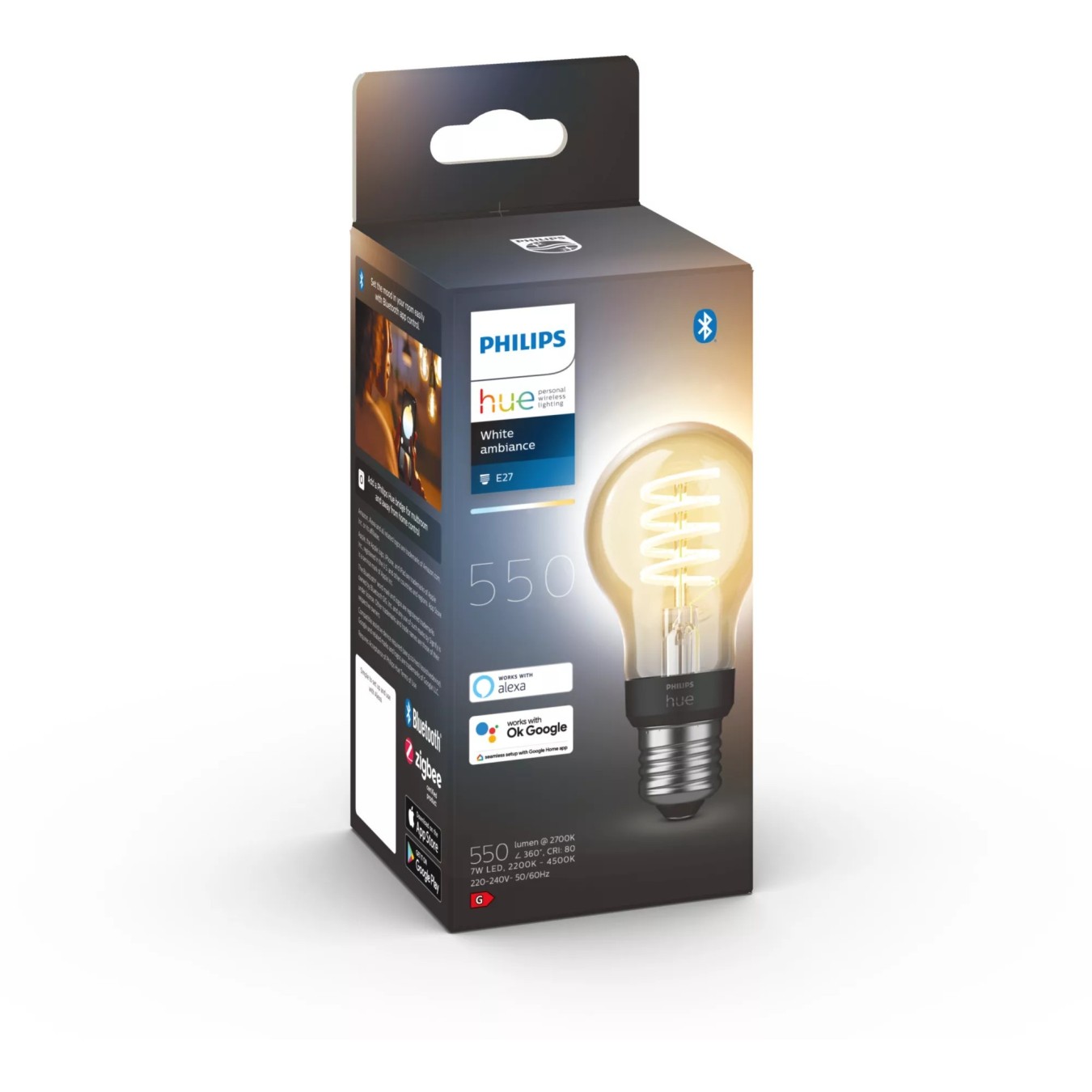 Philips Hue White Ambiance E27 Filament A60 Teardrop LED Smart Bulb - 4500 K, 550 lm, 7 W, Bluetooth, HomeKit compatible