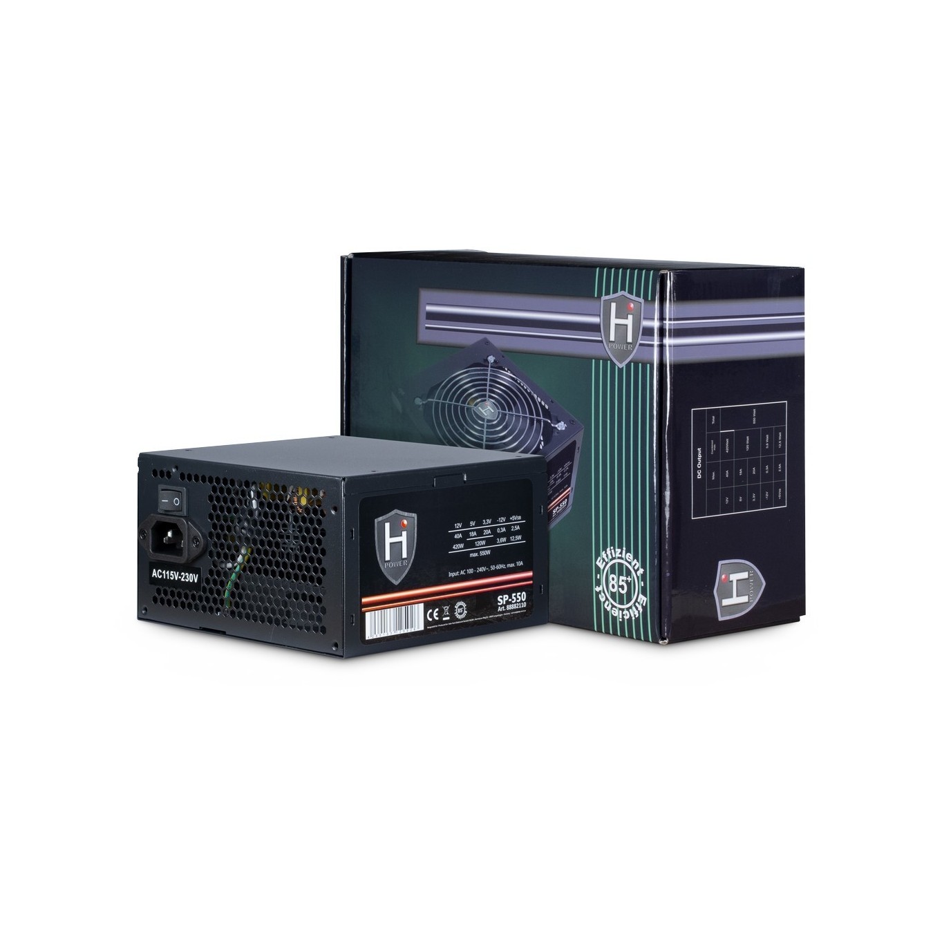 550W Inter-Tech HIPOWER - SP-550 - 100 - 240 V, 50 - 60 Hz, 10 A, Active PFC, ATX version 2.4, 12 cm fan, Black