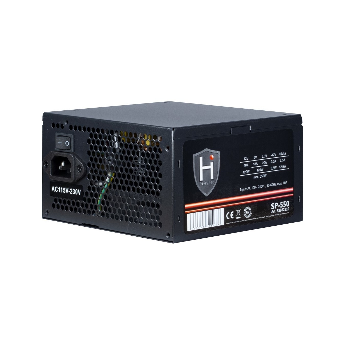 550W Inter-Tech HIPOWER - SP-550 - 100 - 240 V, 50 - 60 Hz, 10 A, Active PFC, ATX version 2.4, 12 cm fan, Black