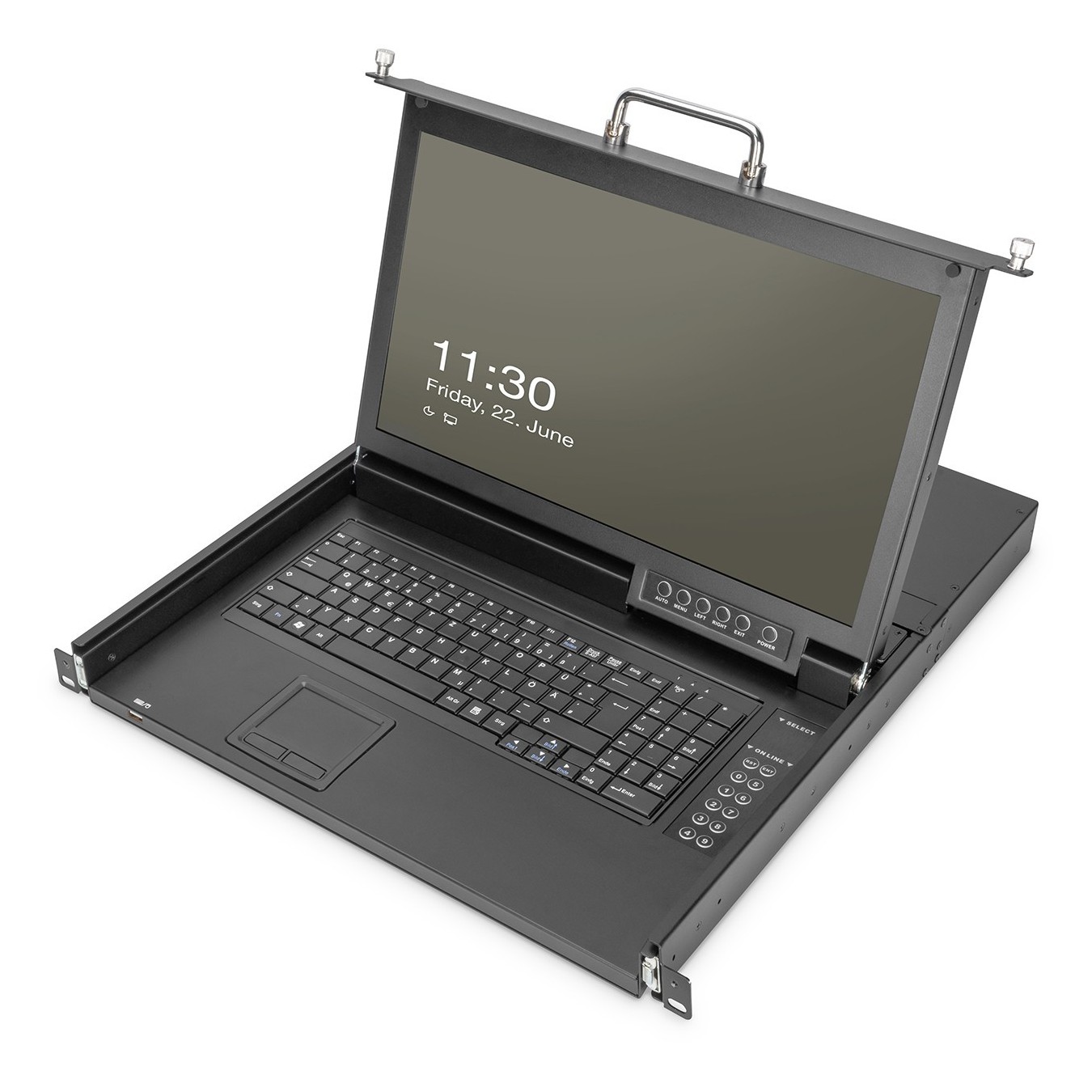 DIGITUS Modulare HD LCD KVM Konsole mit 17' TFT. 8-Port CAT 5 KVM Anschluss. Touchpad. US Tastaturlayout