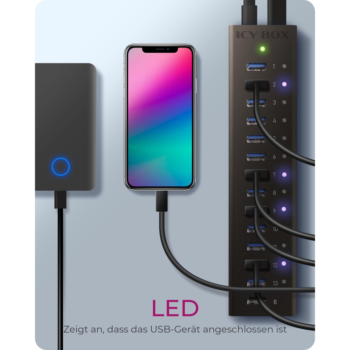 HUB USB 3.0 . 13 Port. +1x Ladeport Aluminium-mit Netzteil ICY BOX — Buy in Cyprus with Fast Delivery