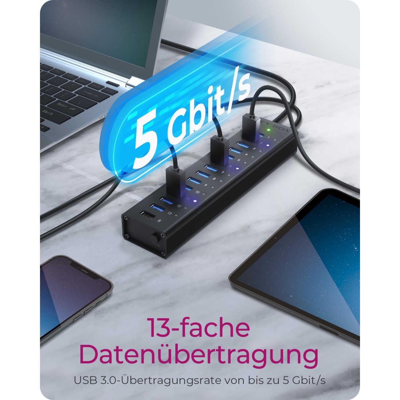 HUB USB 3.0 . 13 Port. +1x Ladeport Aluminium-mit Netzteil ICY BOX — Buy in Cyprus with Fast Delivery
