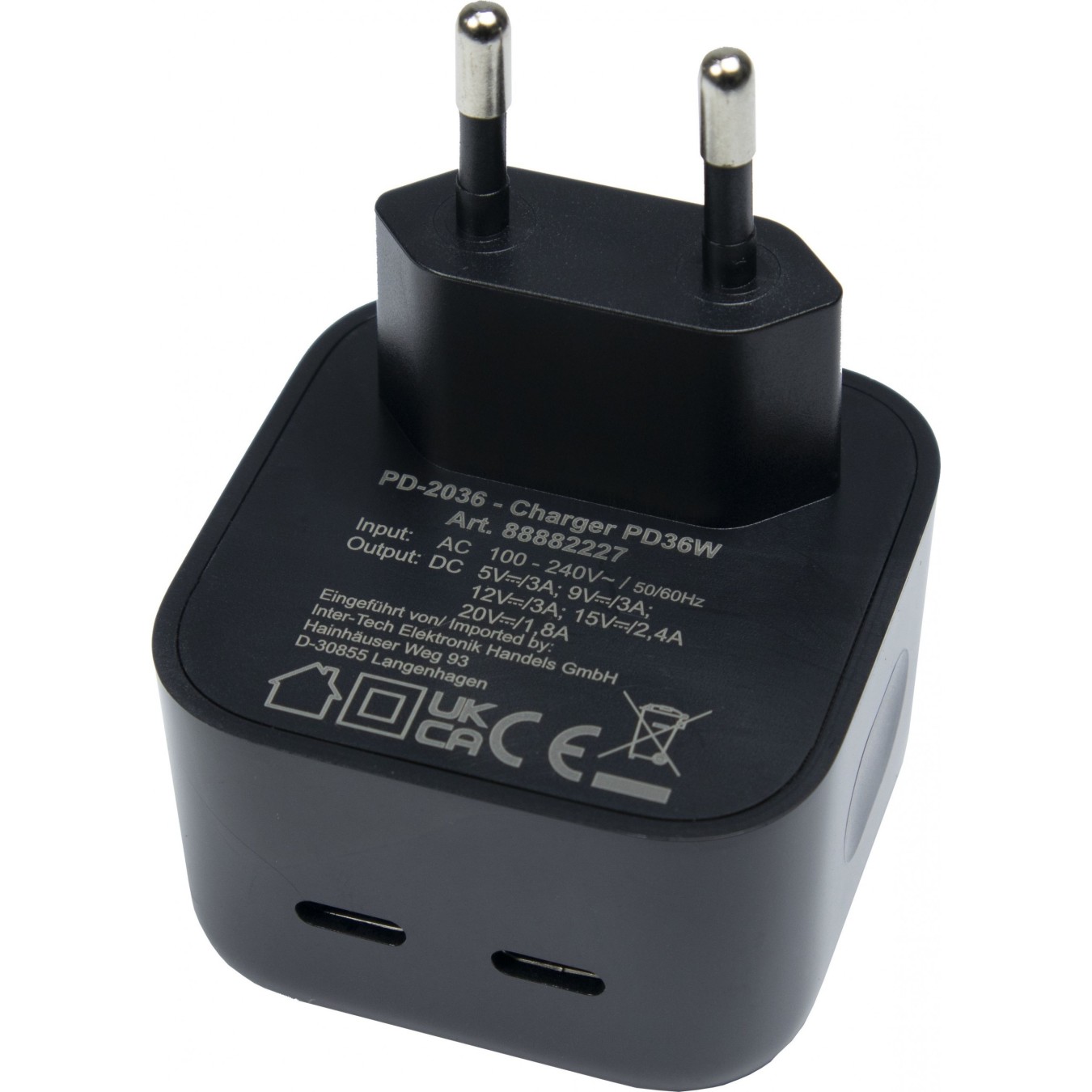 Charger USB-C 36W - PD-2036 - (Black, Indoor, 2 USB-C ports) — Buy in Cyprus with Fast Delivery