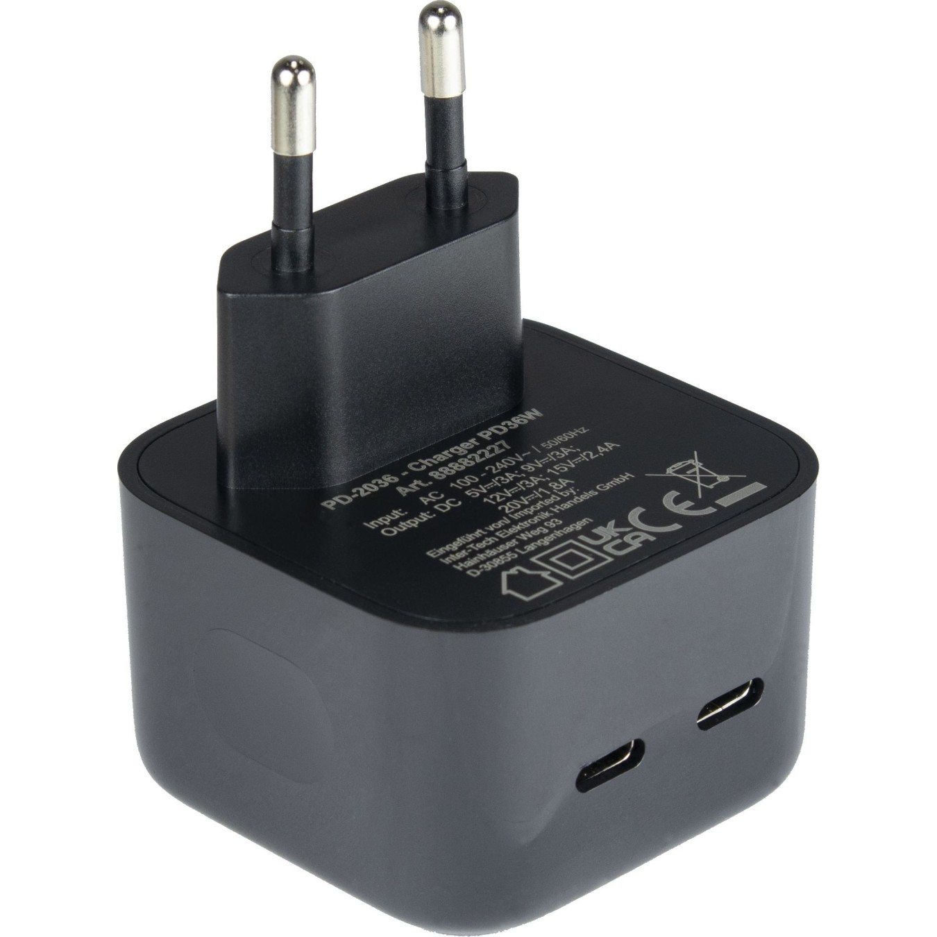 Charger USB-C 36W - PD-2036 - (Black, Indoor, 2 USB-C ports) — Buy in Cyprus with Fast Delivery