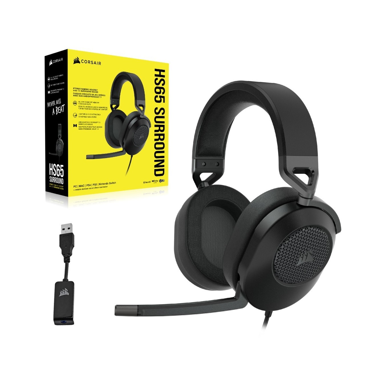 HS65 Surround Carbon - Corsair HS65 SURROUND. Wired. Gaming. 20 - 20000 Hz. 282 g. Headset. Carbon
