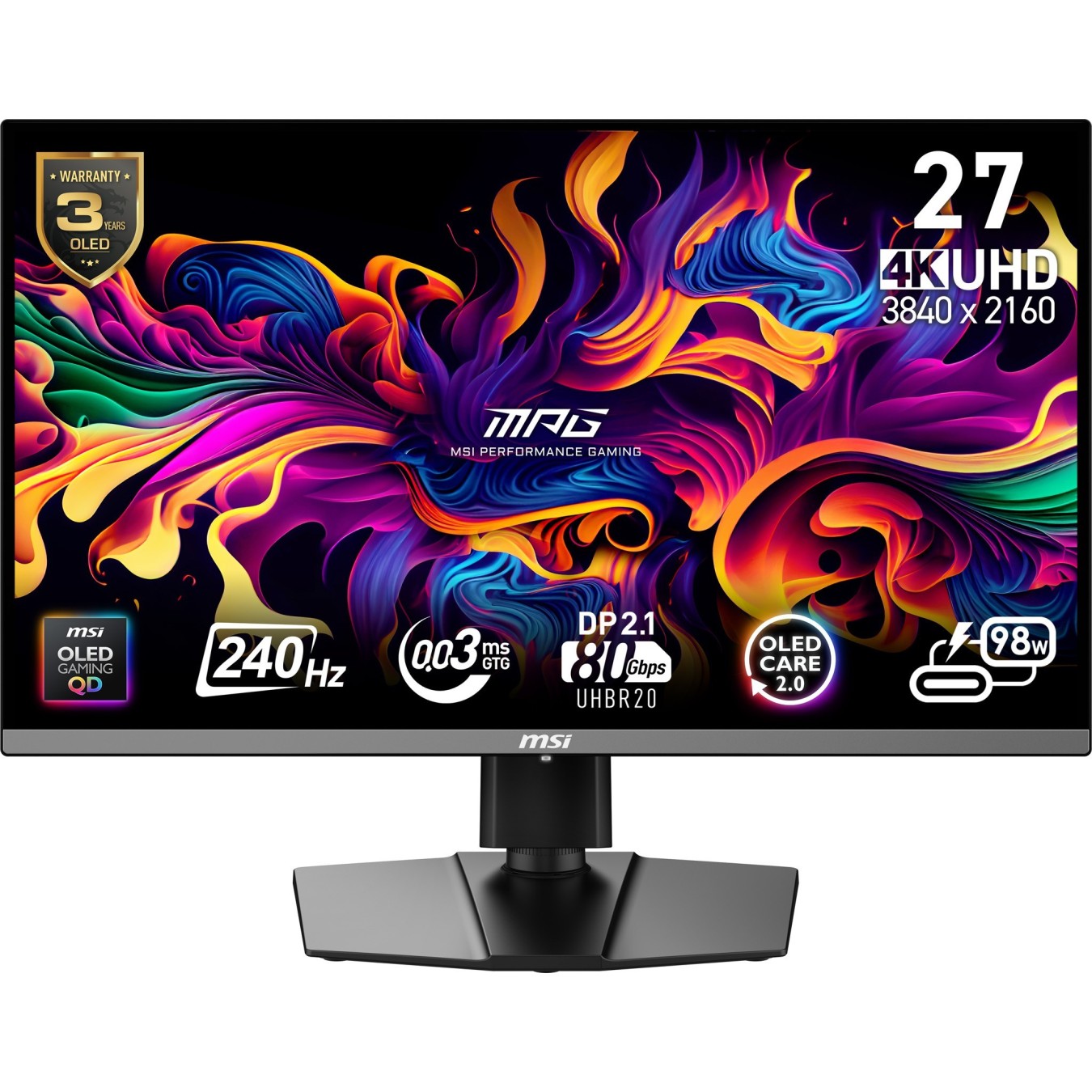27'(68.6cm)TFT MSI MPG OLED 272URXDE QD-OLED 9S6-3CD79A-016 retail - 272URXDE - Black, 4K Ultra HD, QD-OLED, 1 ms, 240 Hz