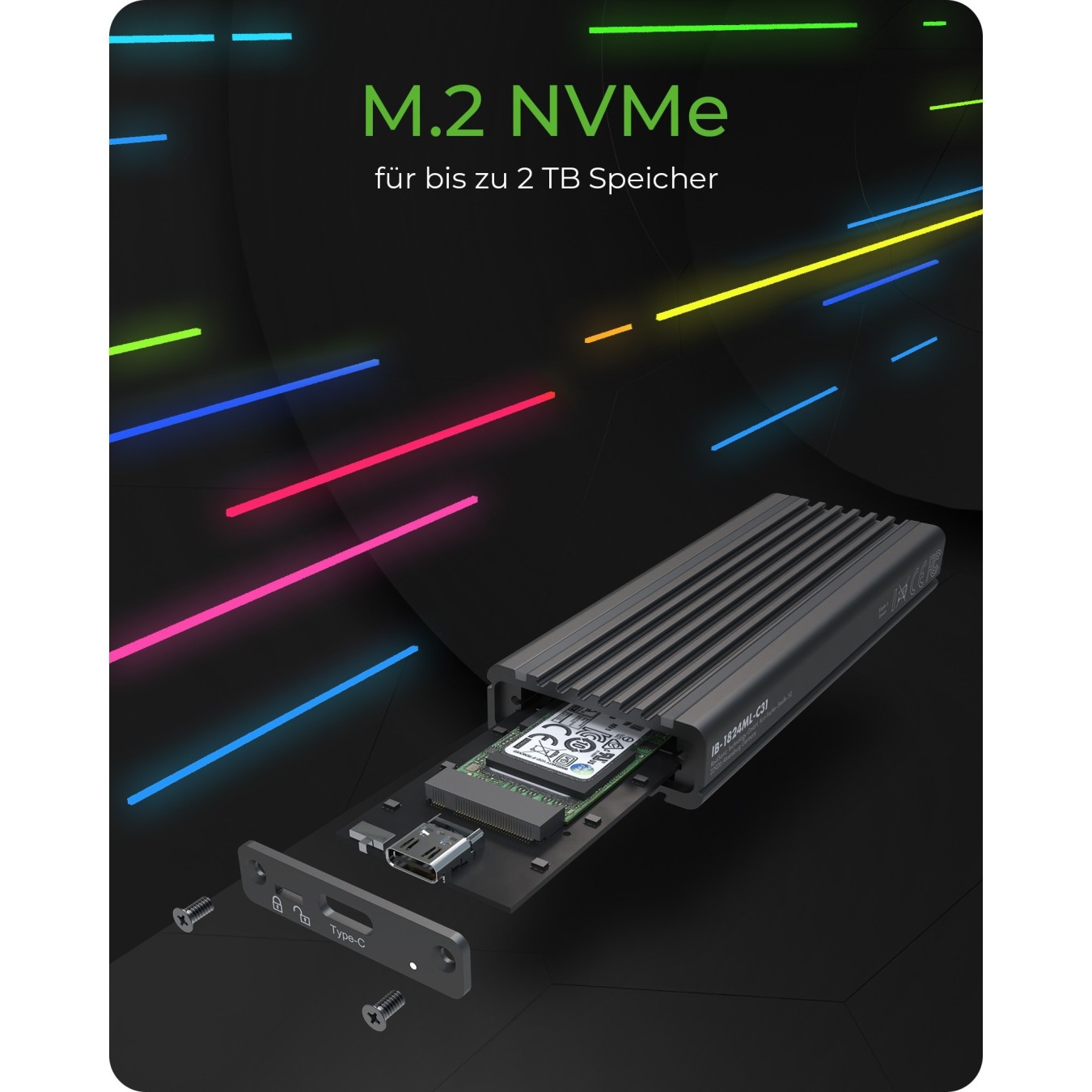 ICY BOX IB-1824ML-C31 Externes USB-C 3.2 Gehäuse für M.2 NVMe SSD mit LED-Beleuchtung - Black